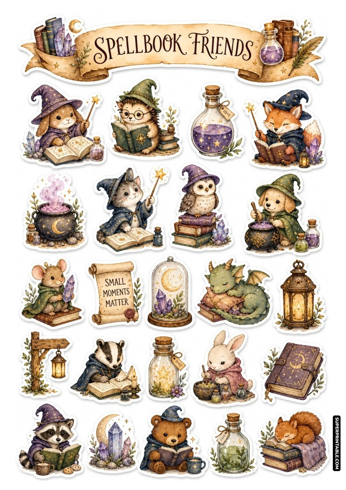 Cute magical creature sticker collection showcasing wizard animals, ancient spellbooks, potion jars, and inspiring scrolls.