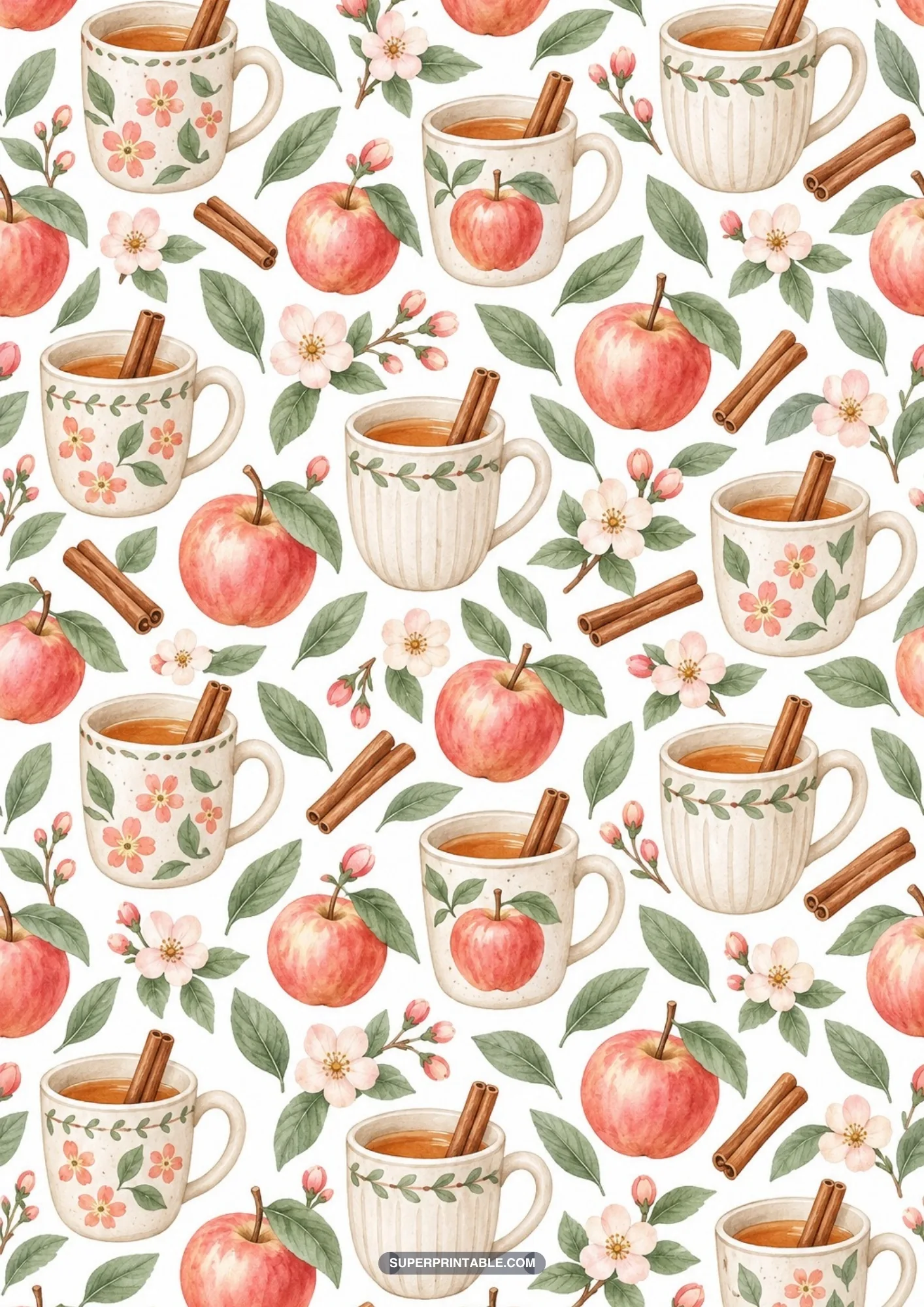 Warm mugs of spiced apple cider with cinnamon sticks, floral accents, and apples