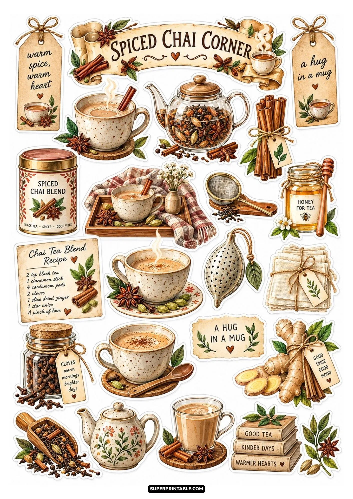 Spiced chai corner sticker sheet featuring creamy teacups, fresh ginger root, cloves, and chai recipe art.