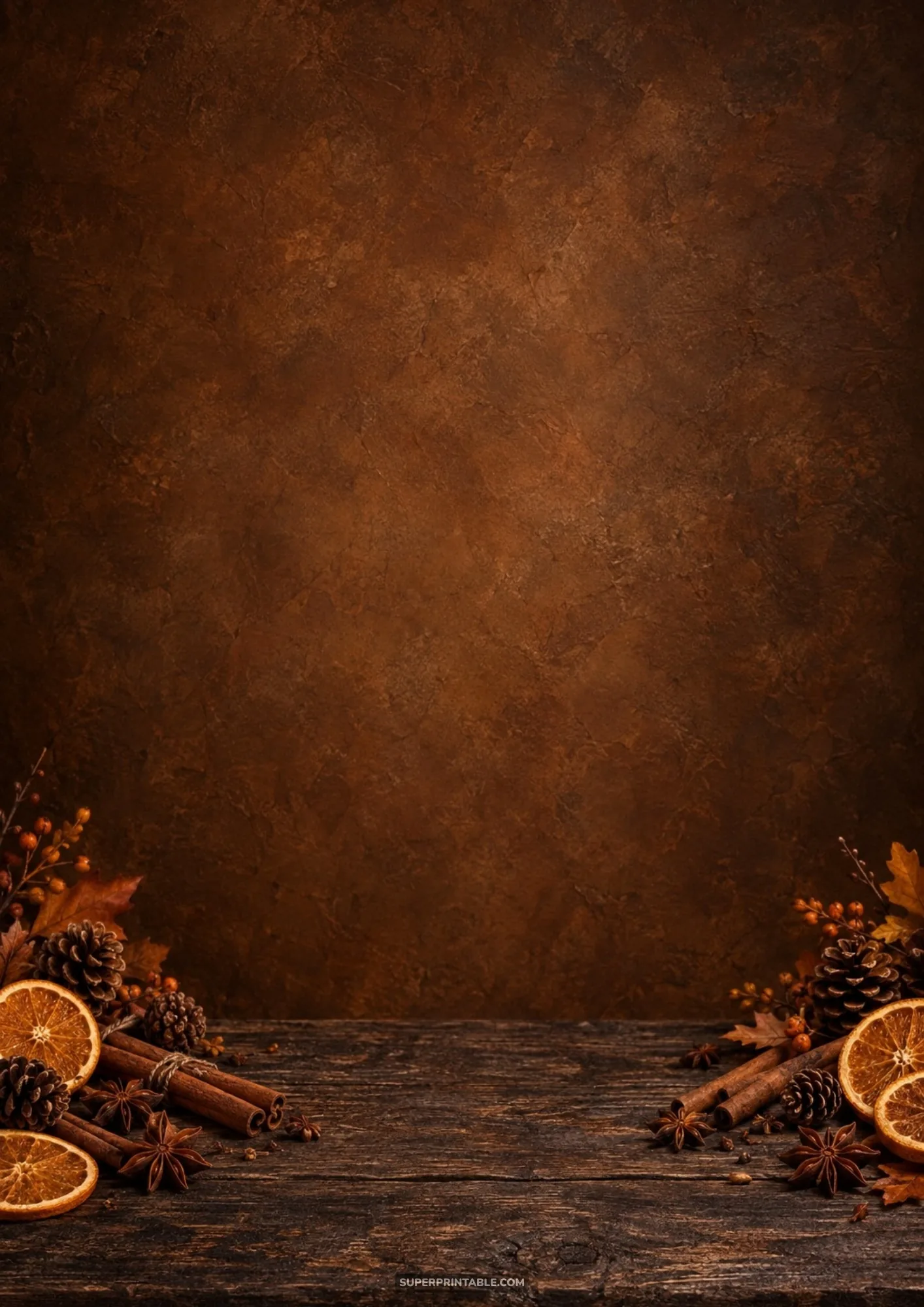 Rustic dark wood table framed by dried orange slices, whole cinnamon sticks, star anise pods, and pine cones.