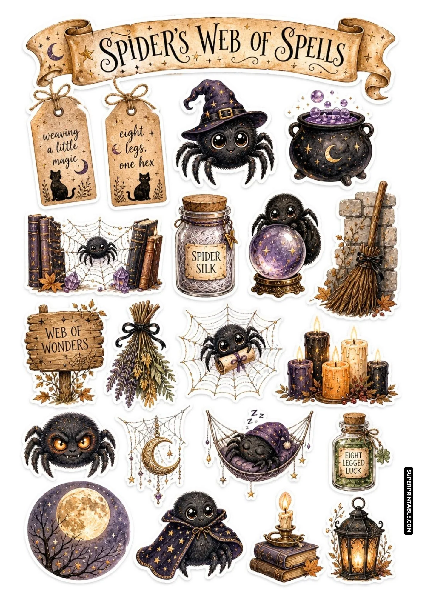 Whimsical sticker sheet with cute black spiders wearing witch hats on webs and potions.