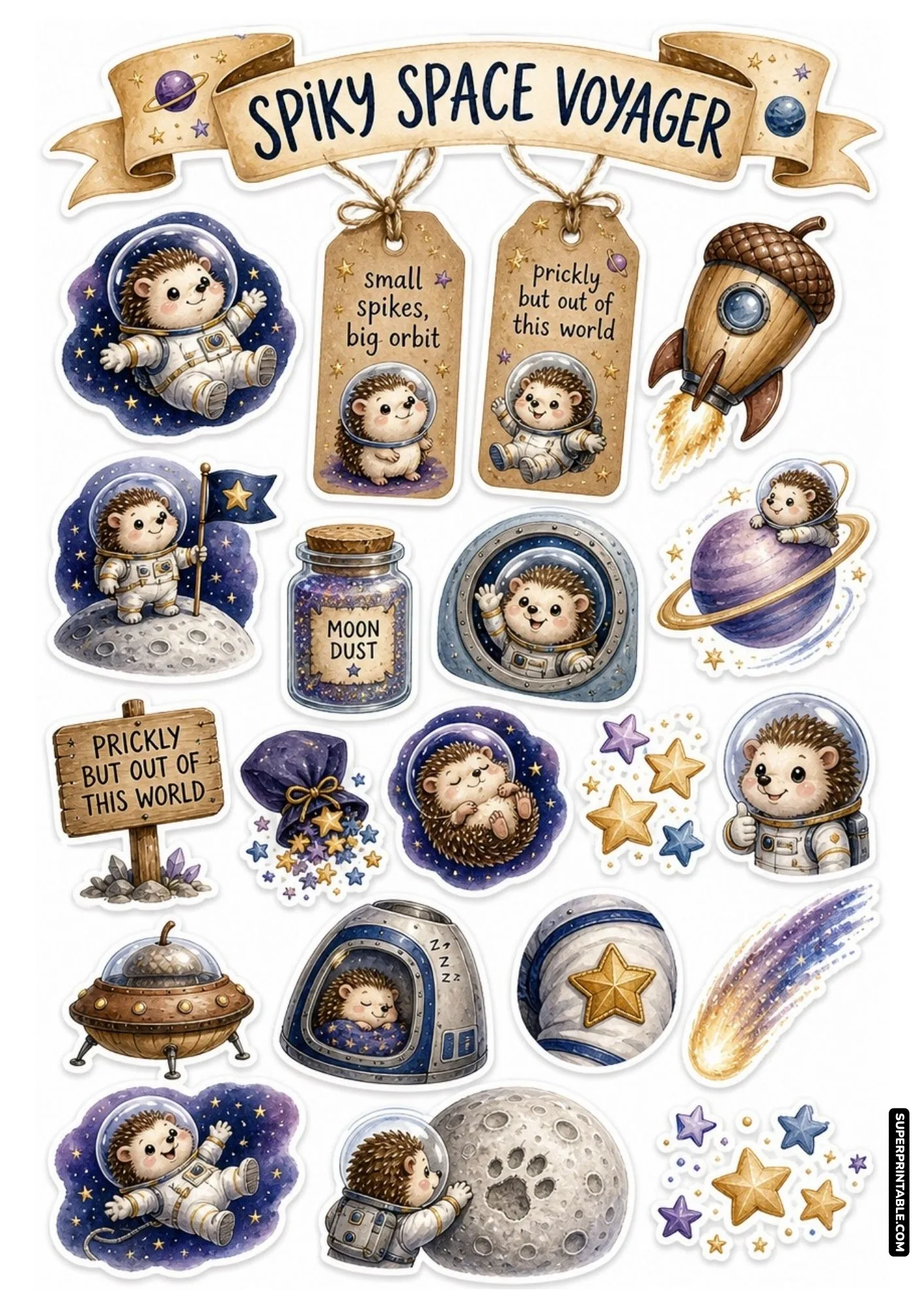 Spiky hedgehog space voyager sticker sheet with acorn rockets and cute astronaut suit designs.