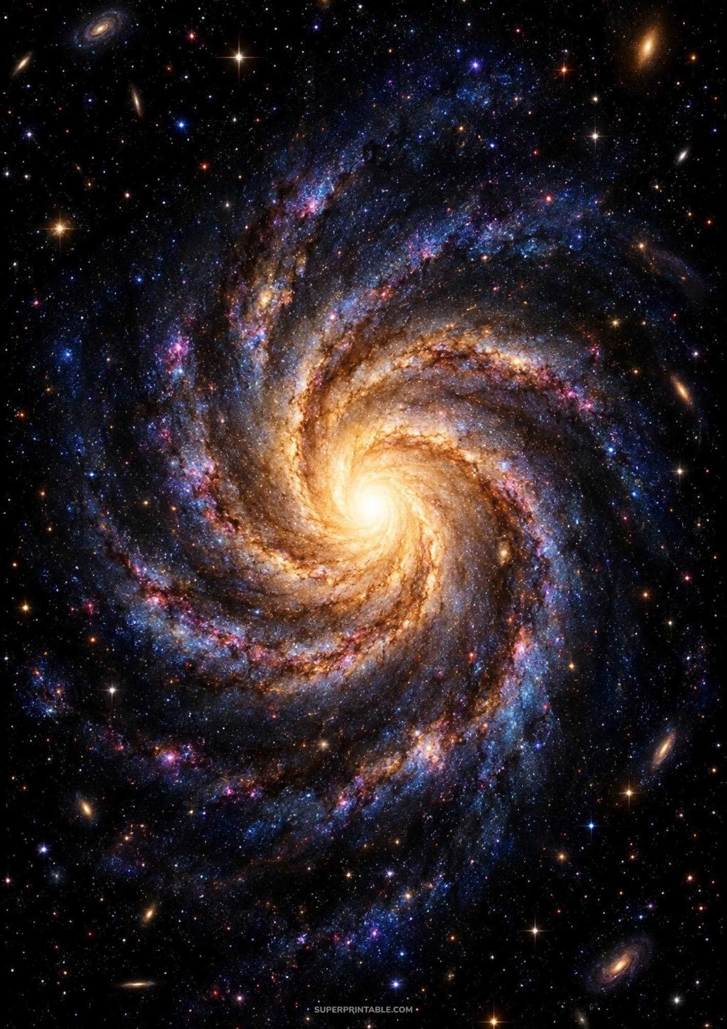 Magnificent spiral galaxy radiating a glowing amber core with swirling blue starlight arms in deep space