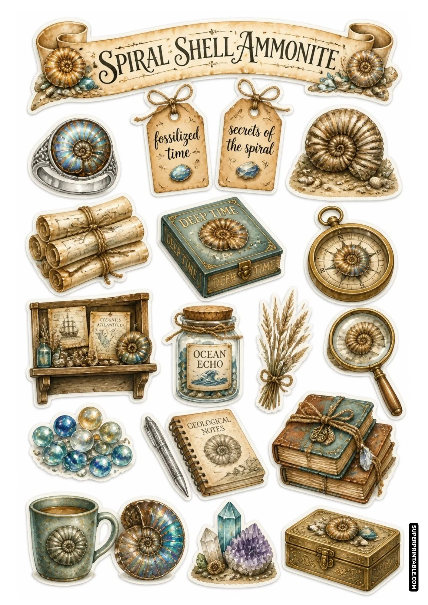 Fossilized spiral ammonite shells, geological notebook, brass compass, and ancient maps sticker sheet.