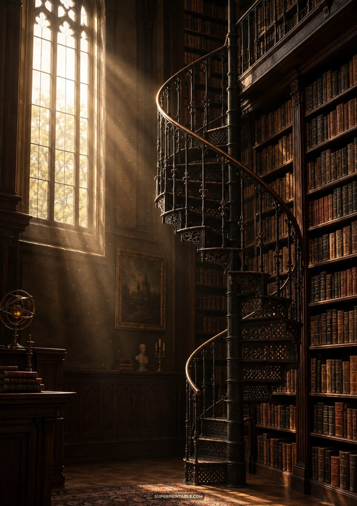 Ornate wrought iron spiral staircase winding up towering bookshelves in a sunlit Gothic library