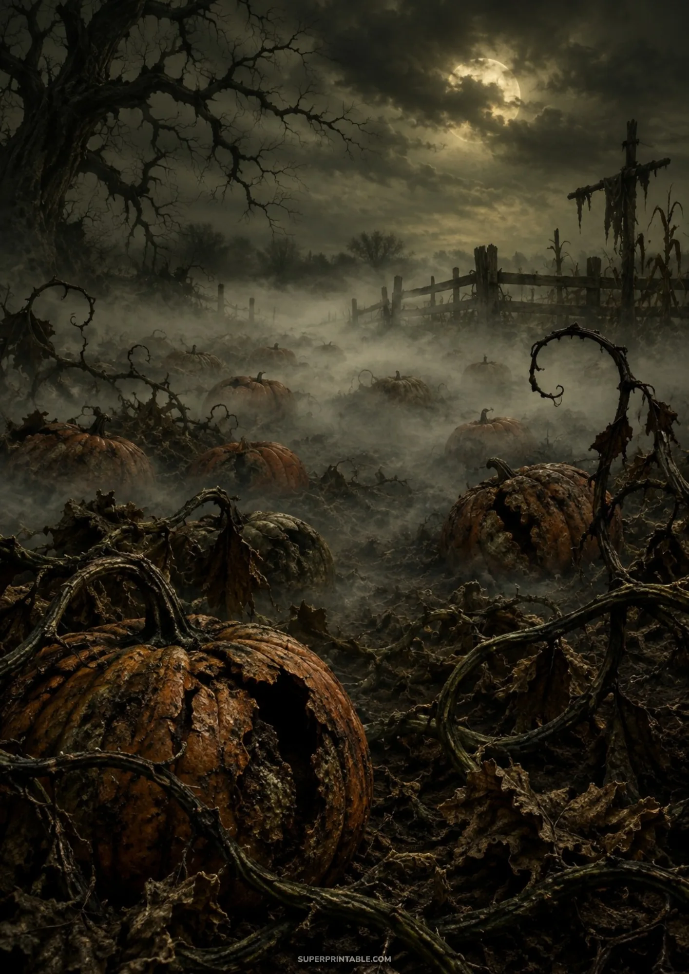Foggy desolate pumpkin patch filled with decaying pumpkins and a shadowy scarecrow beneath a pale moon