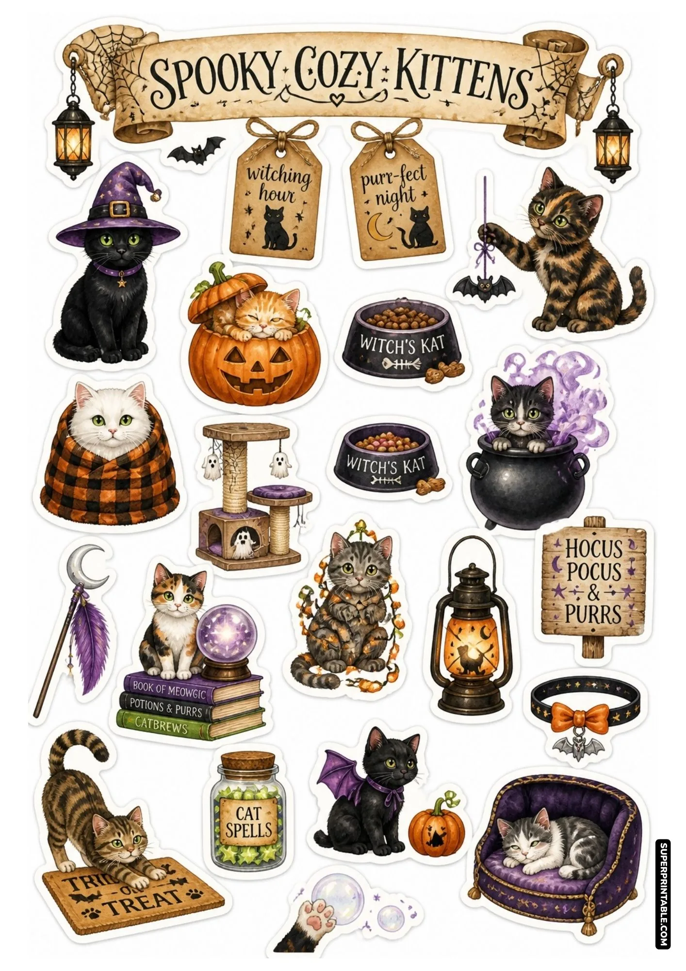Halloween kitten sticker sheet with black cats in witch hats and magical cauldrons.