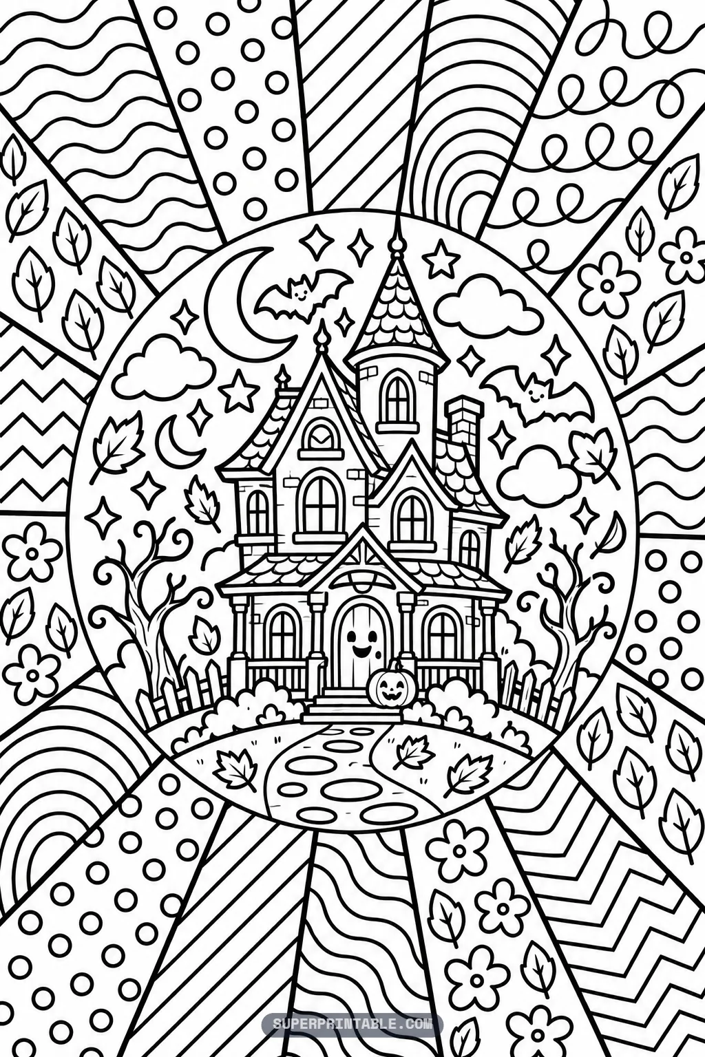 Spooky Victorian haunted manor with turrets, flying bats, and cobblestone path inside a pop art burst frame