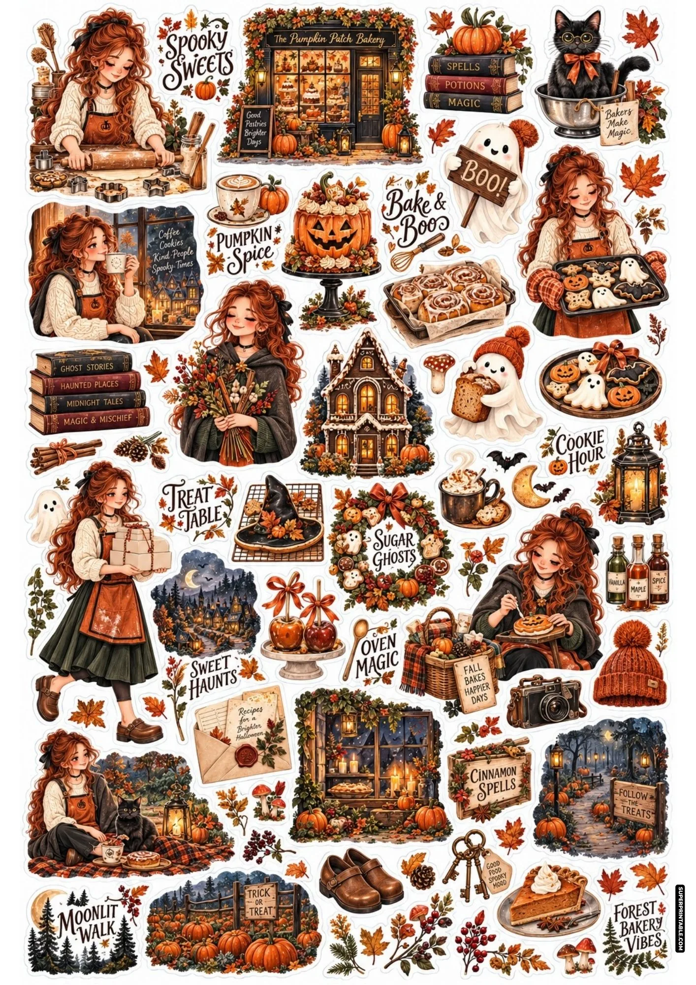 Halloween bakery sticker sheet with a witch rolling dough, pumpkin cakes, and cinnamon spell signs