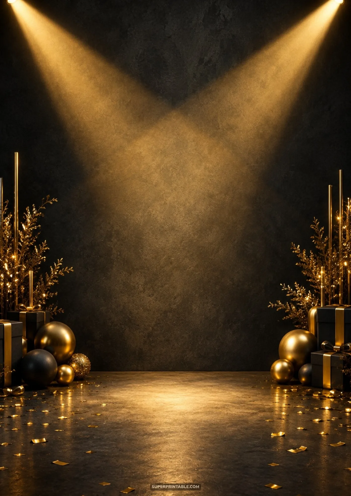 Dual spotlights illuminating a central stage with black and gold gift boxes