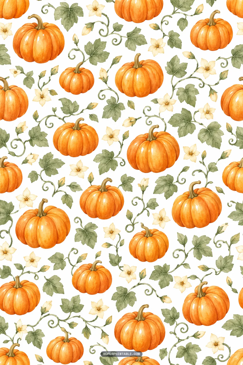 Pumpkin patch farmhouse digital paper pattern featuring sprawling watercolor pumpkin vines and blooms