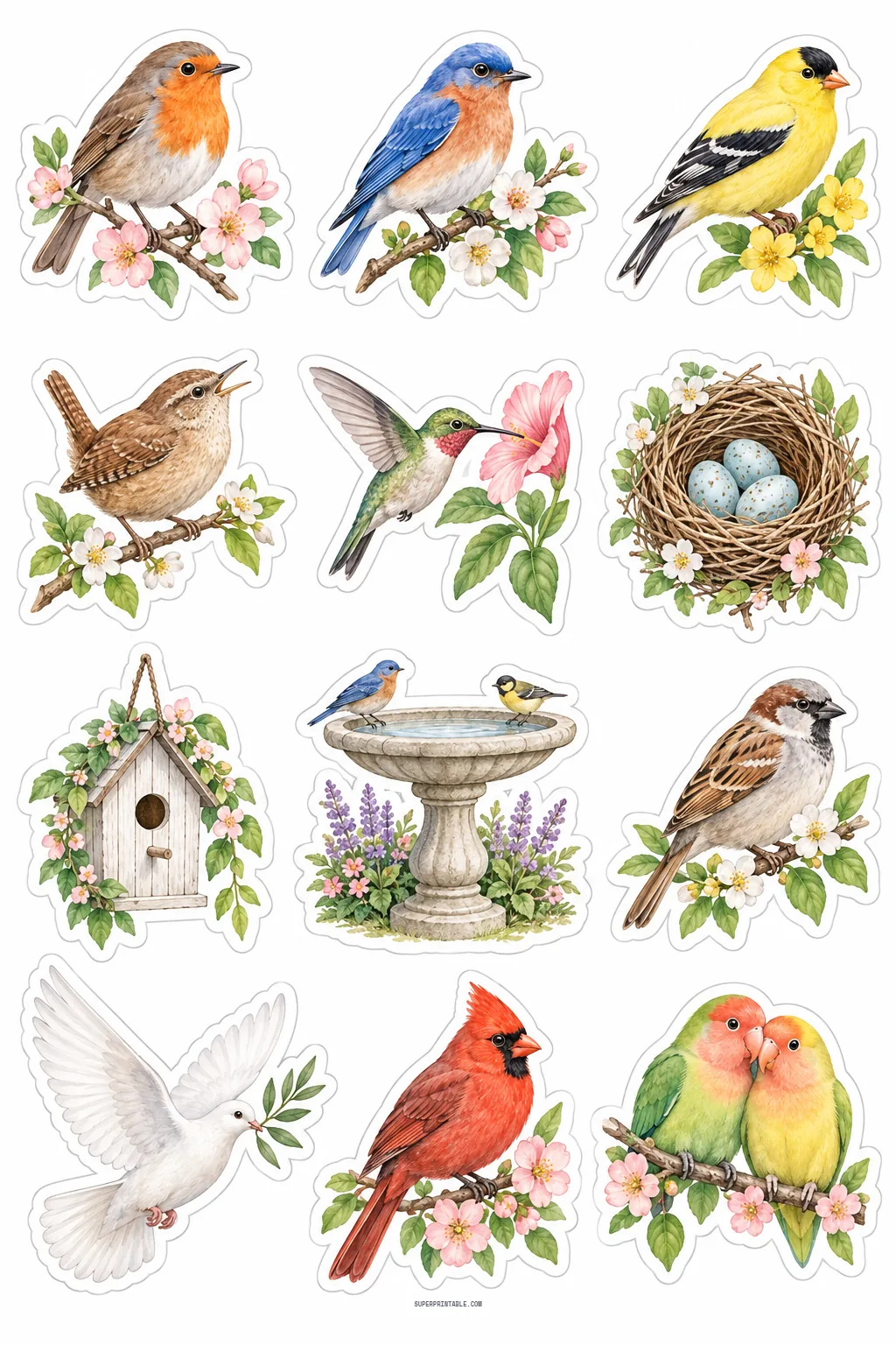 Spring songbirds sticker sheet featuring bluebirds, hummingbirds, robin nest with blue eggs, and stone birdbath