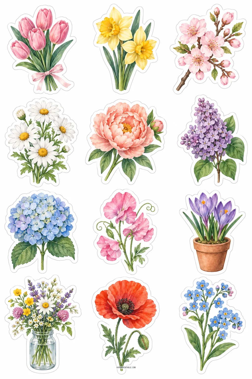 Four seasons sticker sheets featuring watercolor spring floral bouquets, blooming tulips, and garden blossoms