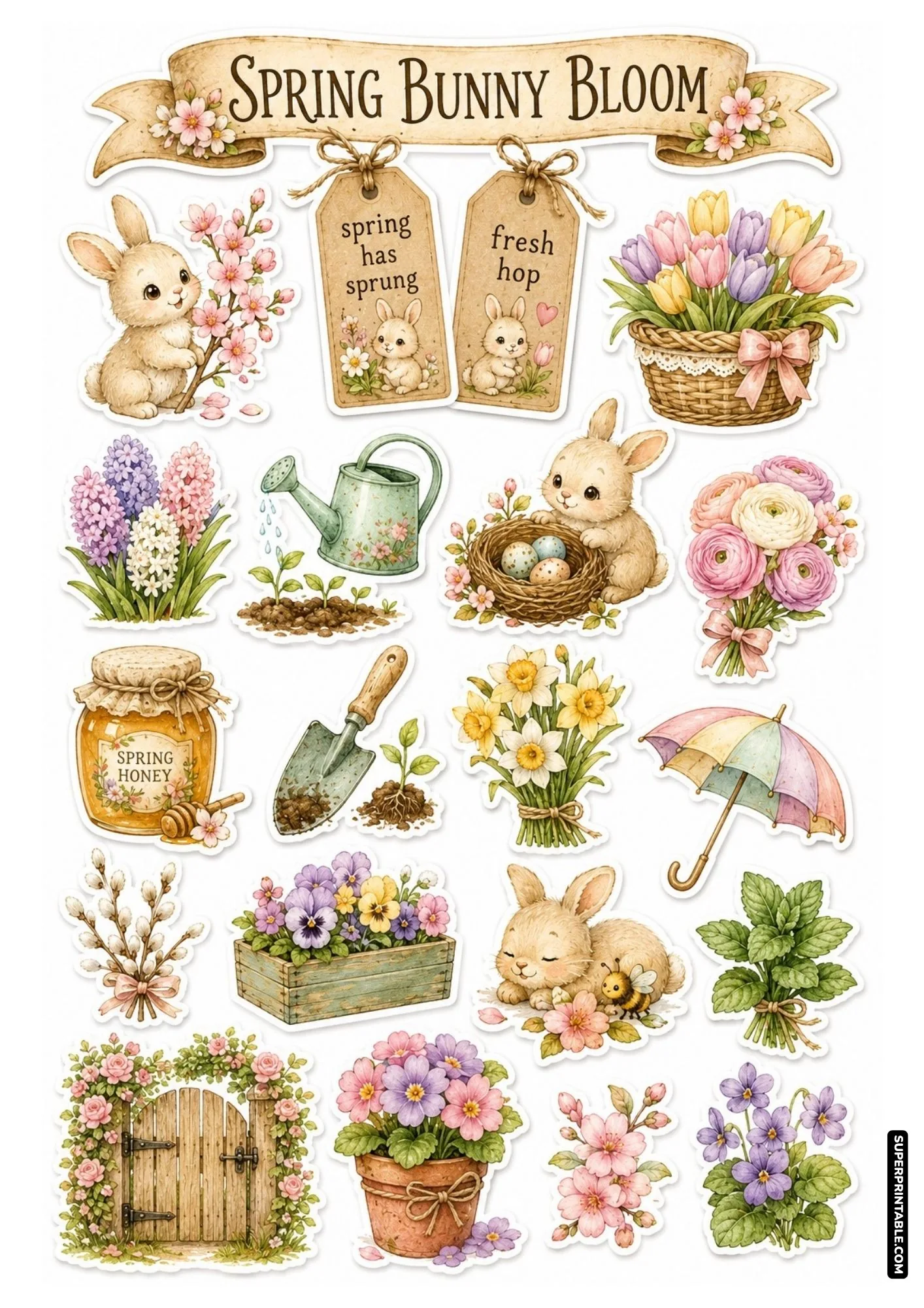 Spring bunny bloom sticker sheet with cherry blossoms, tulip basket, bird nest, and pansies.