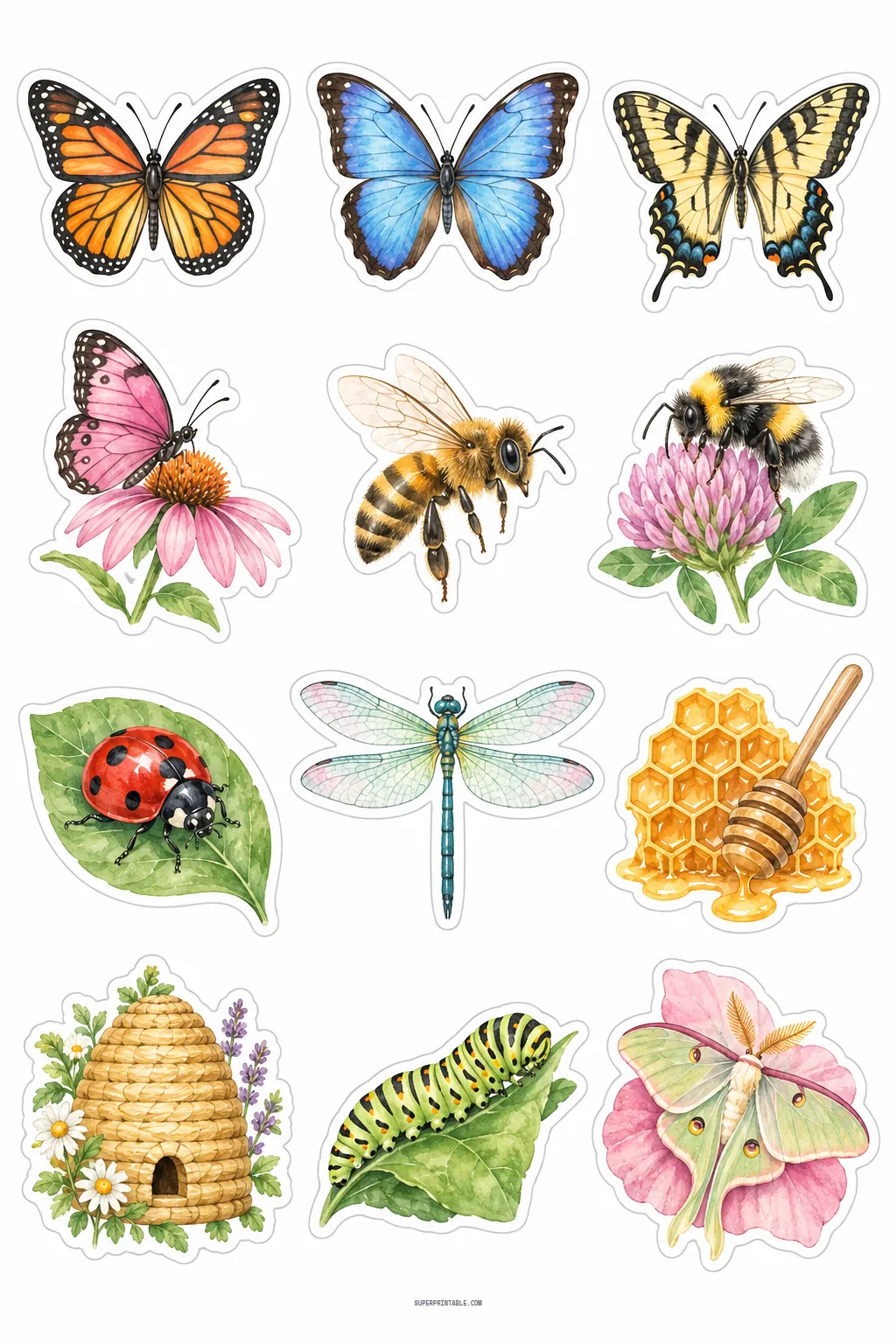 Detailed watercolor butterflies, bumblebees, dragonfly, and honeycomb stickers celebrating garden pollinators