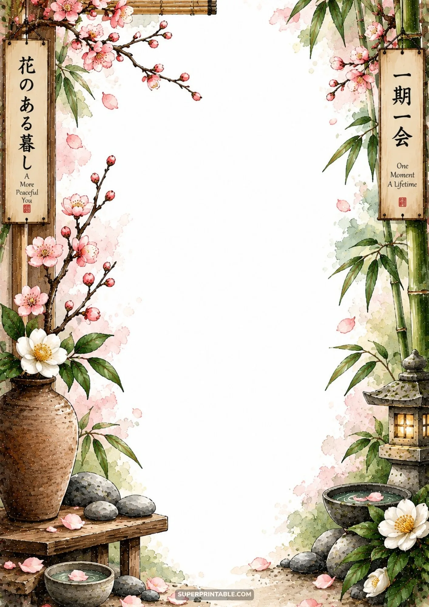 Rustic ceramic vase with blooming cherry blossoms and camellias beside bamboo stalks on a border page.