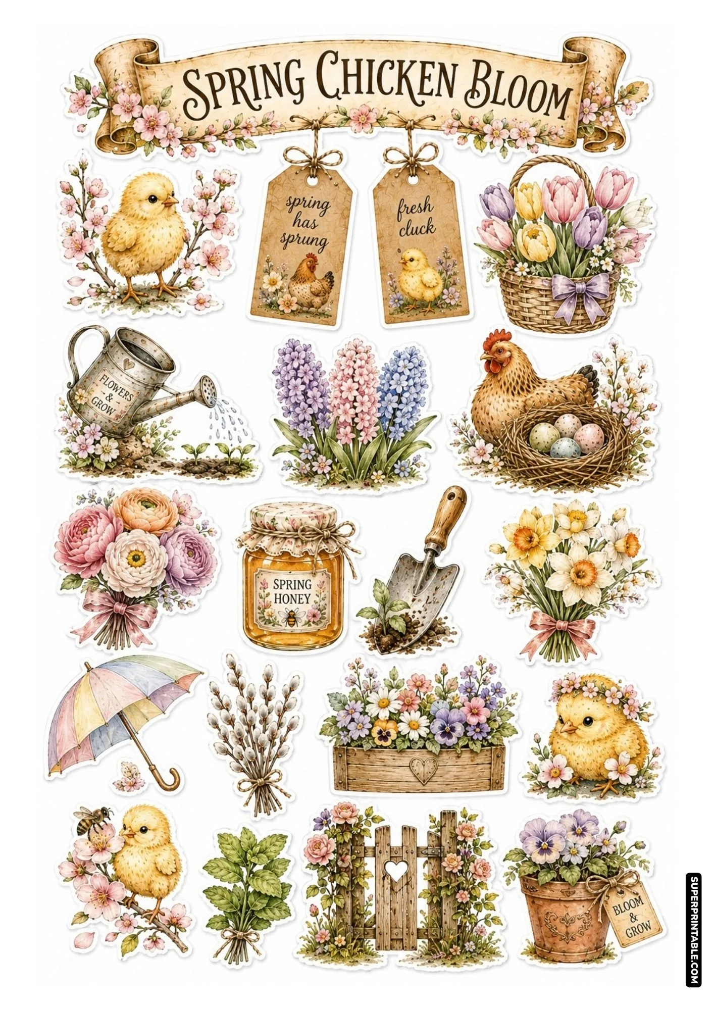 Spring chicken bloom sticker sheet showcasing yellow chicks, tulips, cherry blossoms, and nest with eggs.