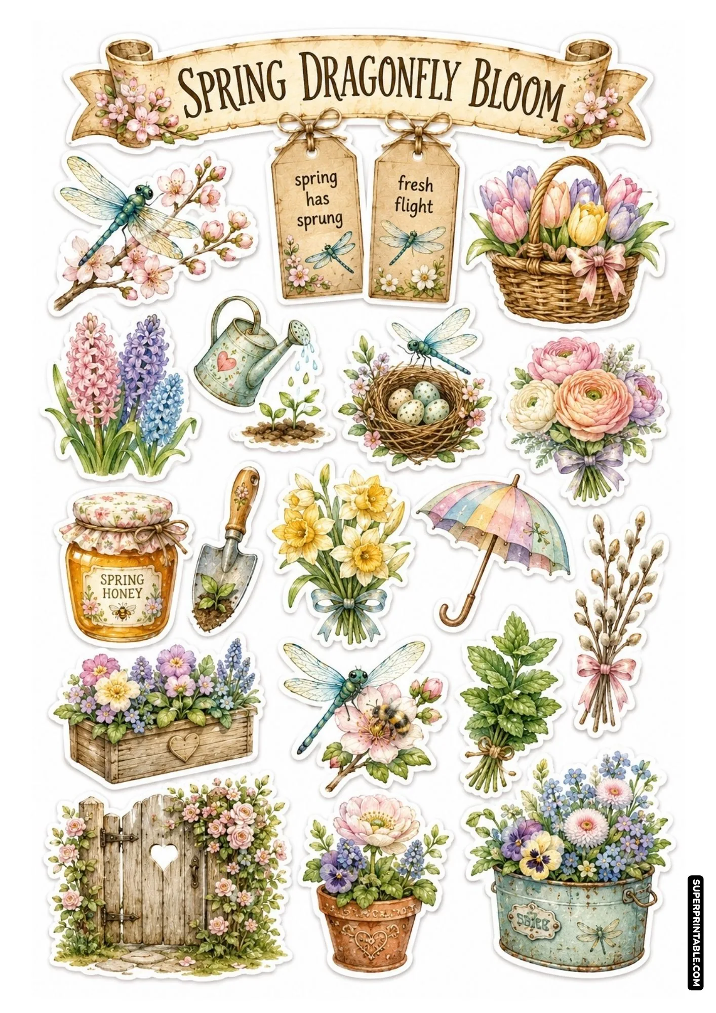 Spring flower sticker sheet displaying blooming cherry blossoms, robin egg nests, daffodils, and bright dragonflies.
