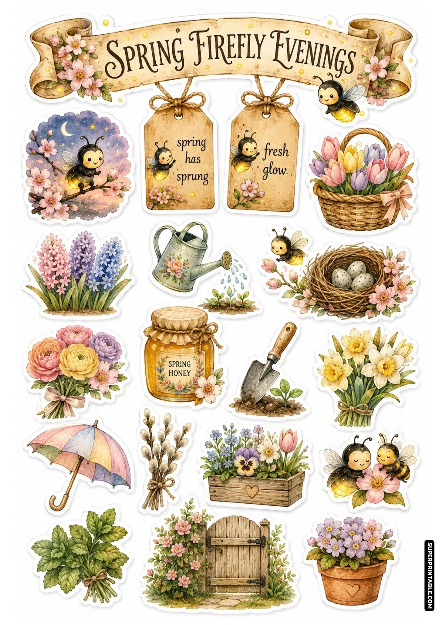 Spring garden sticker sheet with tulips, bird nest, watering can, and cute firefly illustrations.