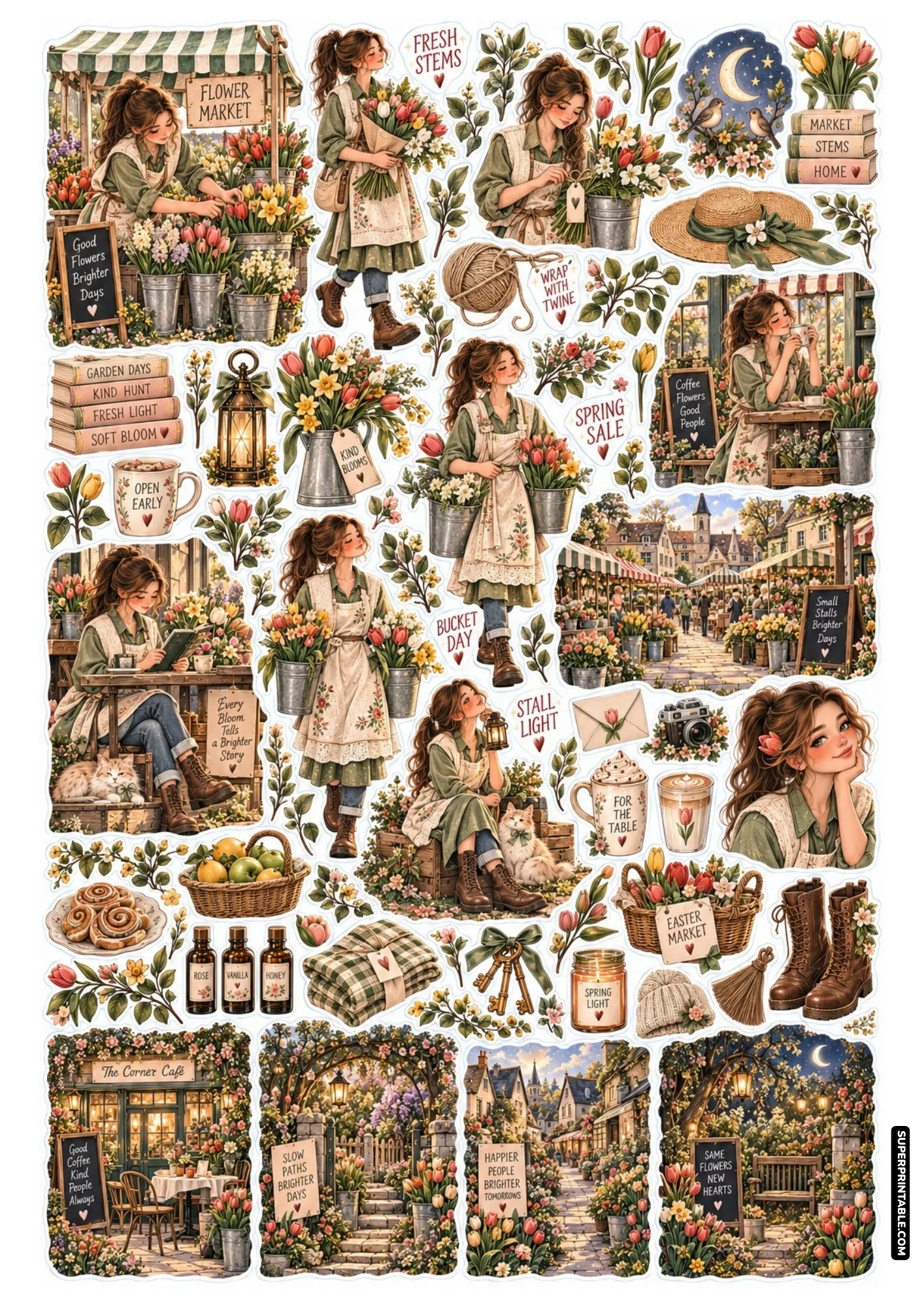 Spring flower market sticker sheet showing tulip cart bouquets, florist aprons, and cozy cafes.