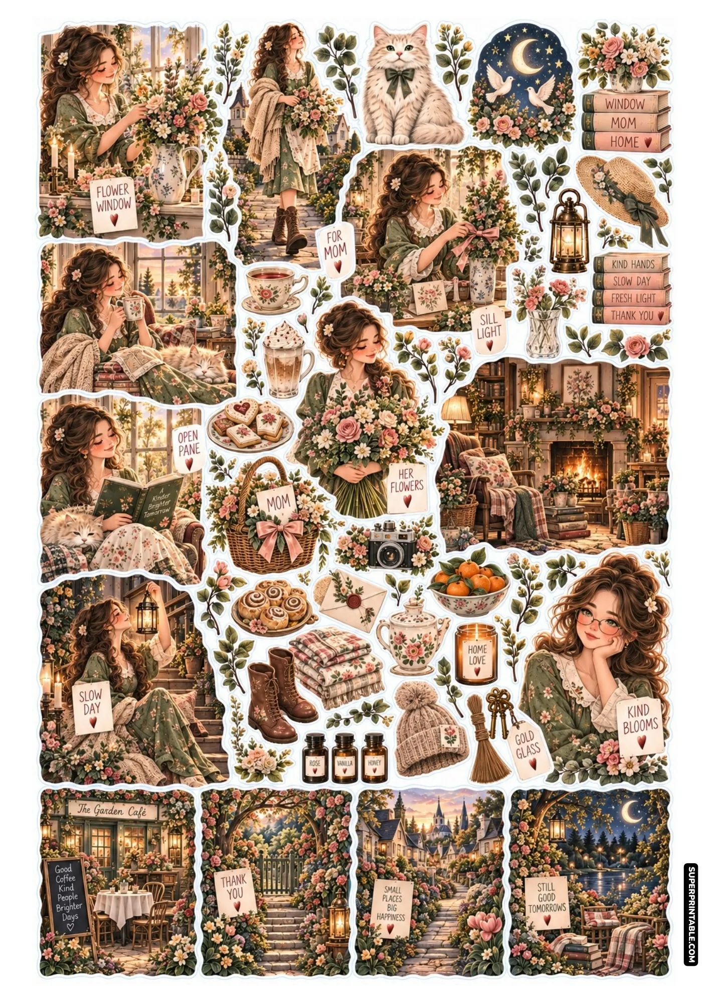 Mother's Day sticker sheets featuring pastel cottagecore floral arrangements, garden bouquets, and sunny window vases.
