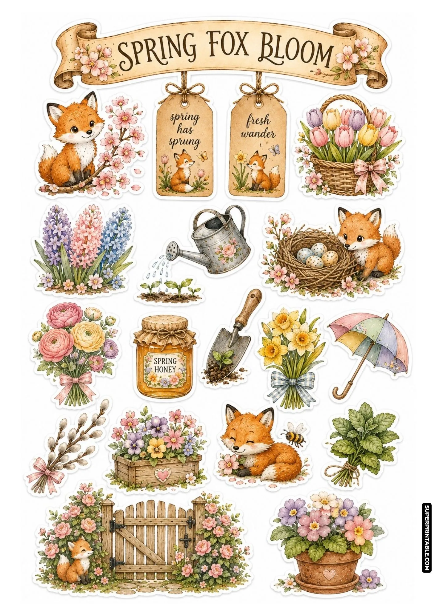 Spring fox bloom stickers with cherry blossoms, robin egg nests, pastel tulips, and watering cans.