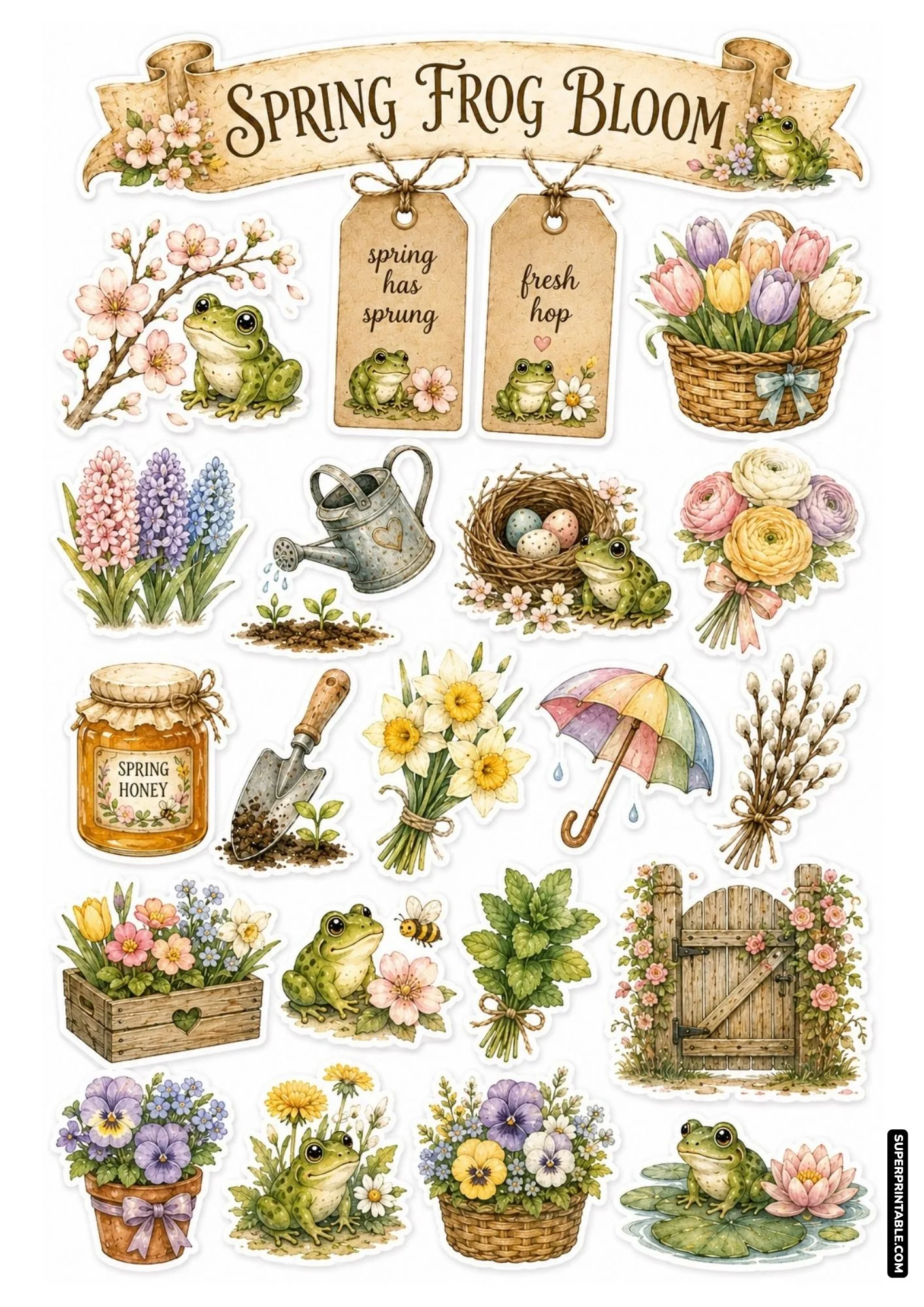 Spring frog bloom sticker sheet with cherry blossom branch, tulip basket, daffodils, bird nest, and garden gate.
