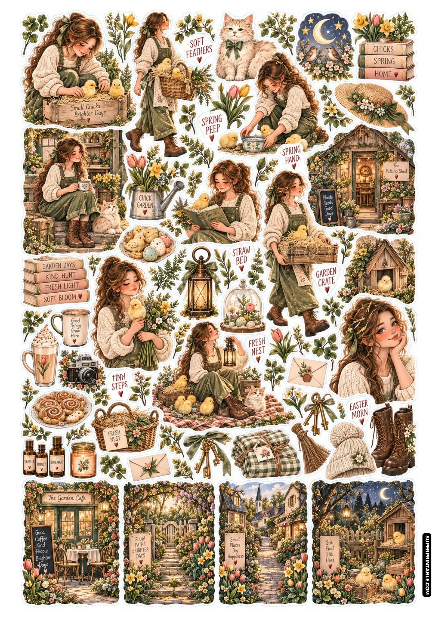 Spring garden potting shed sticker sheet showing cute fluffy chicks, flower crates, and watering cans.