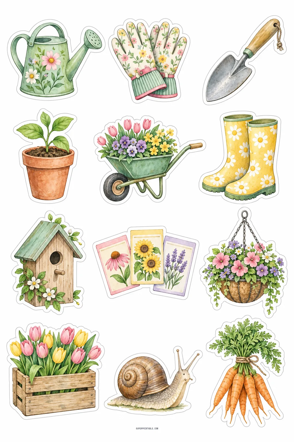 Watercolor spring garden sticker sheet showing watering can, gardening gloves, yellow boots, and tulip crate