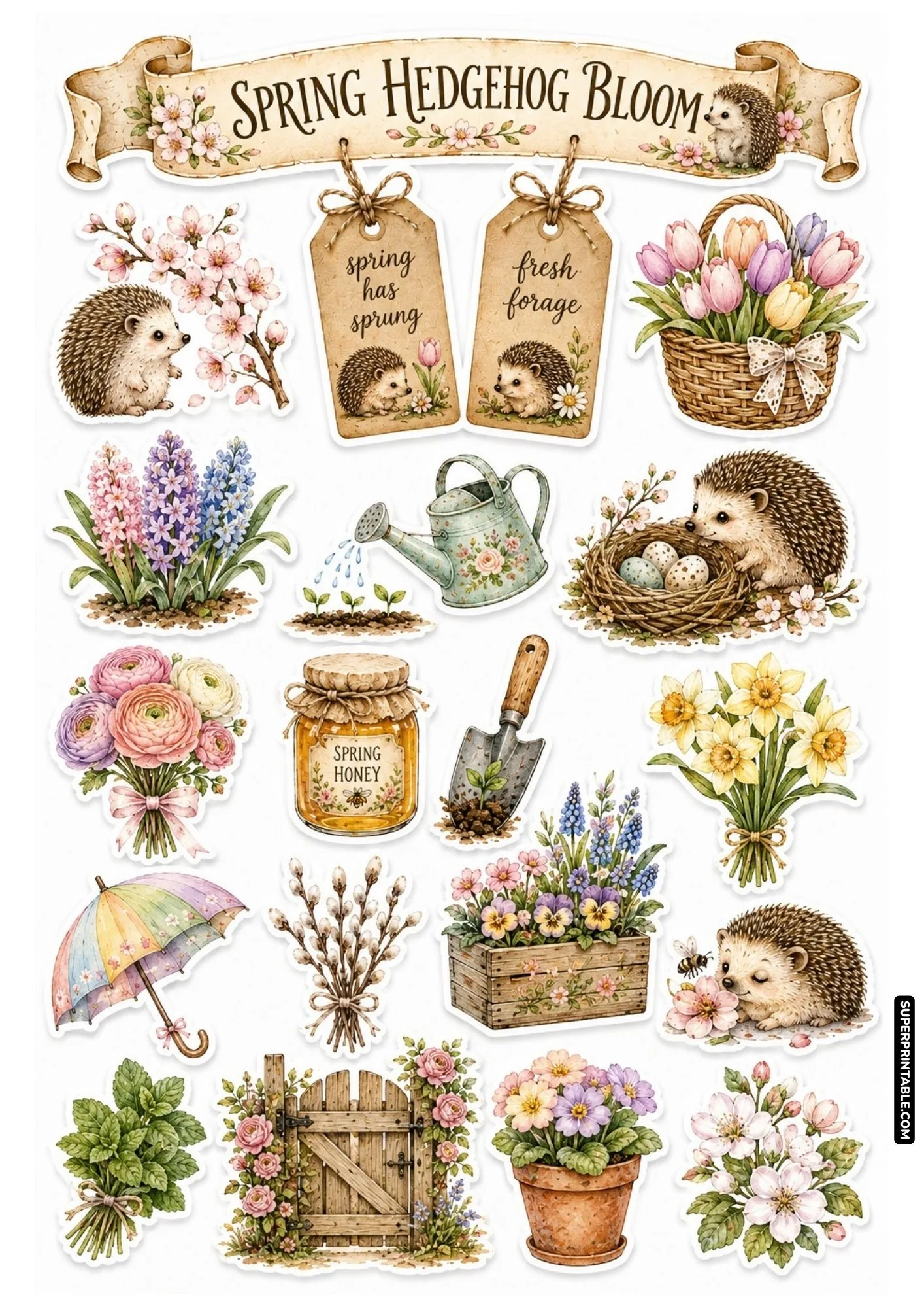 Spring garden hedgehog stickers with pink cherry blossoms, tulip basket, bird nest eggs, and pastel umbrella.