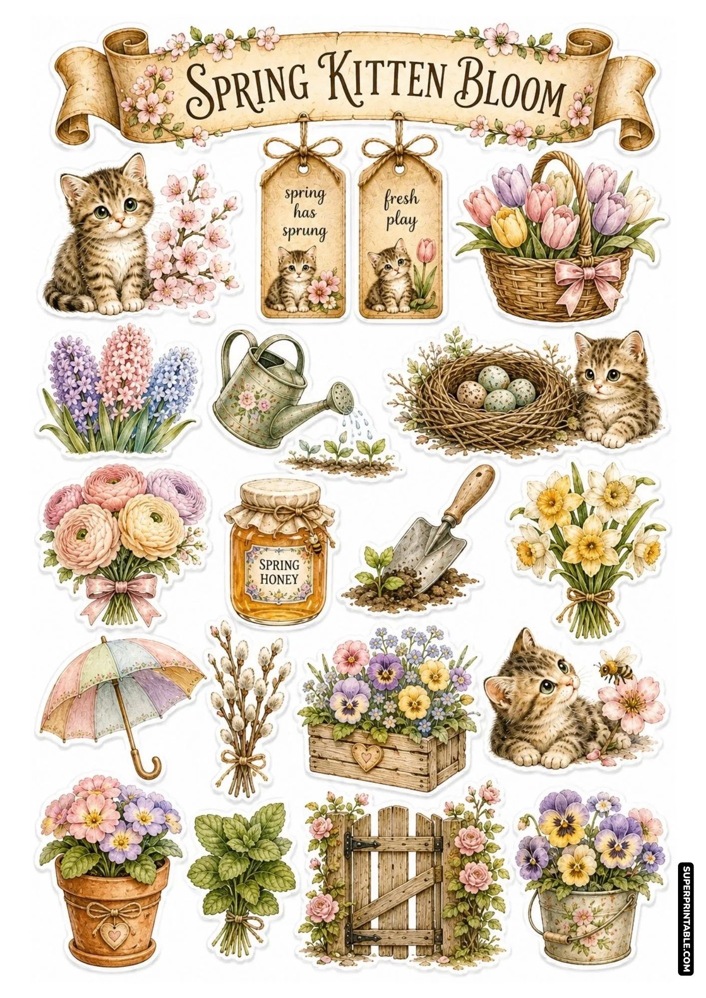 Spring bloom kitten sticker sheet depicting pastel tulips, cherry blossom branches, bird nests with eggs, and garden cats.