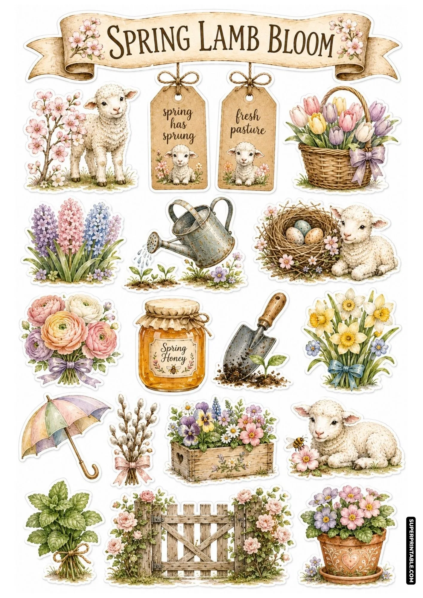 Spring lamb bloom sticker sheet showcasing white lambs with potted spring flowers and bird nests.