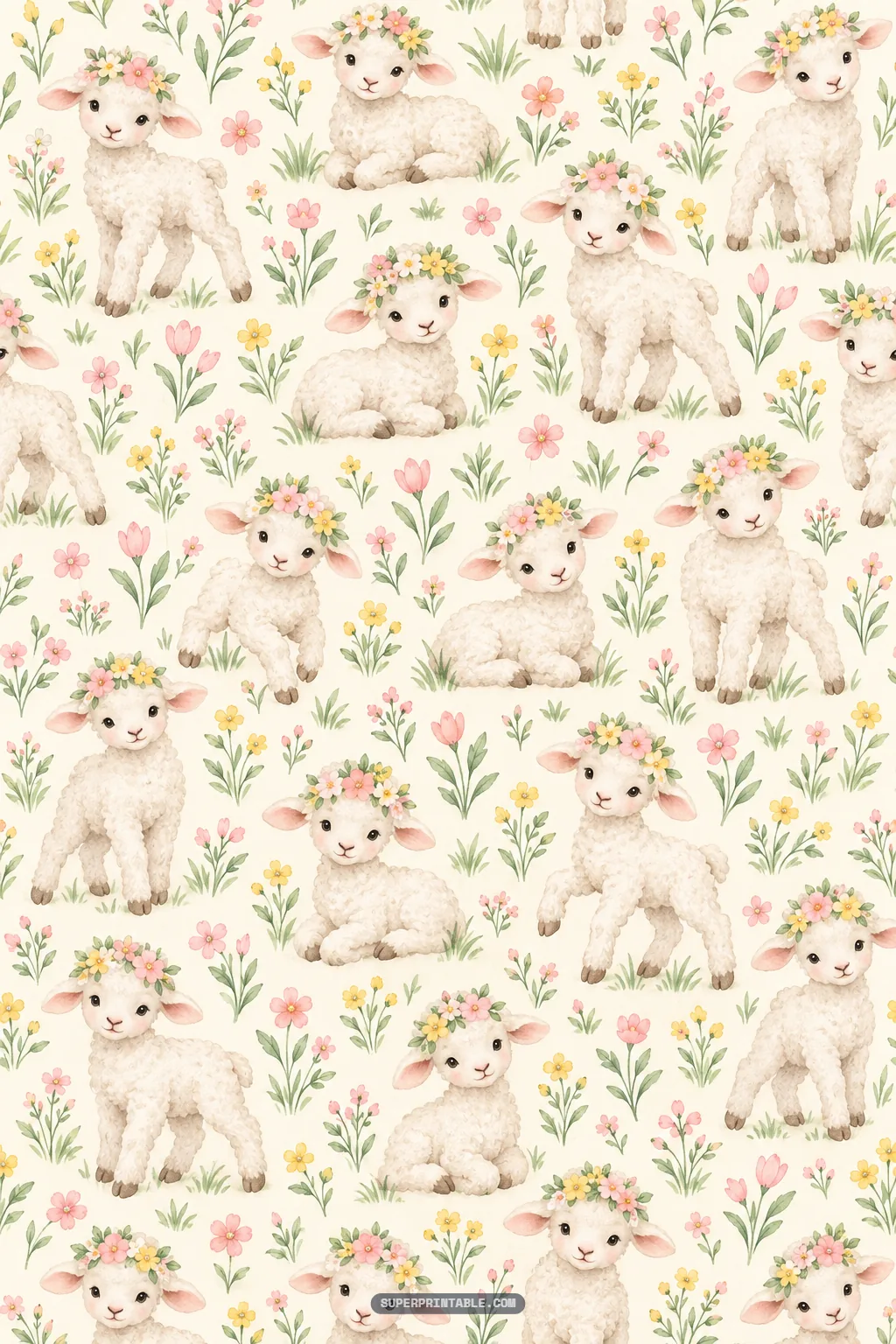 Sweet white baby lambs wearing colorful flower crowns surrounded by spring wildflowers on a warm cream backdrop