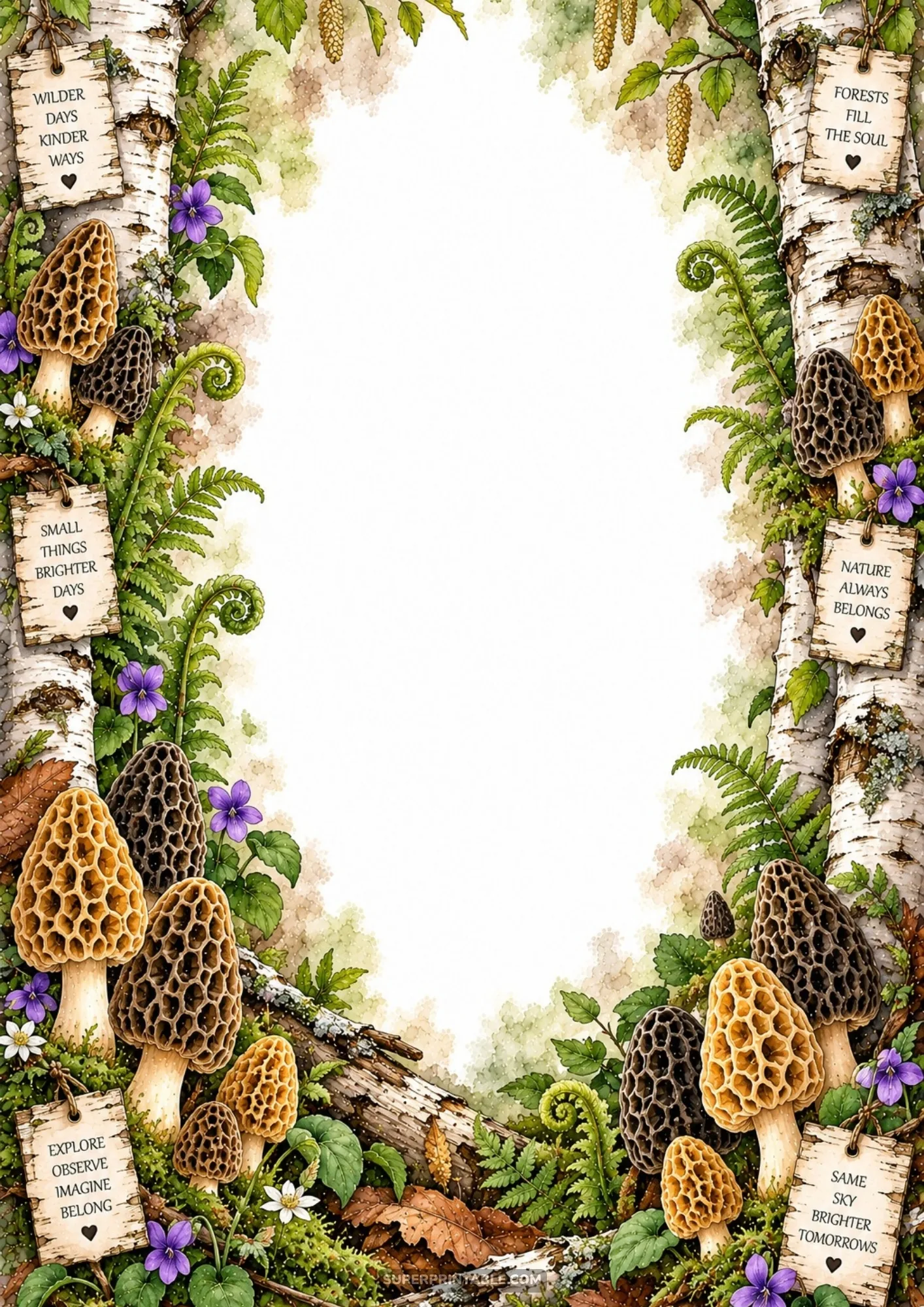 Honeycomb morel mushrooms growing alongside white birch trunks, purple violets, and lush green ferns.