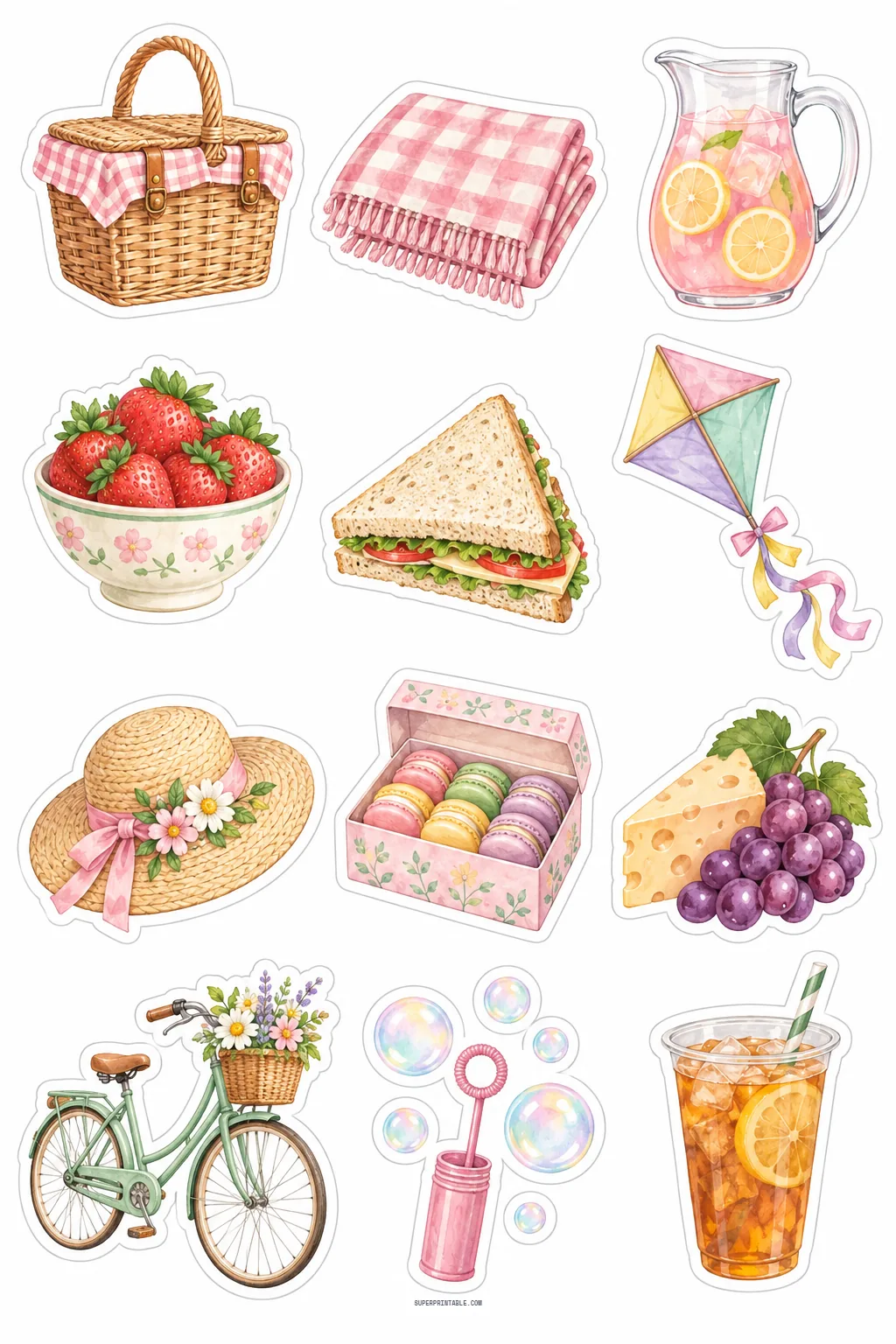 Watercolor spring picnic sticker collection featuring picnic basket, pink blanket, kite, and sweet treats
