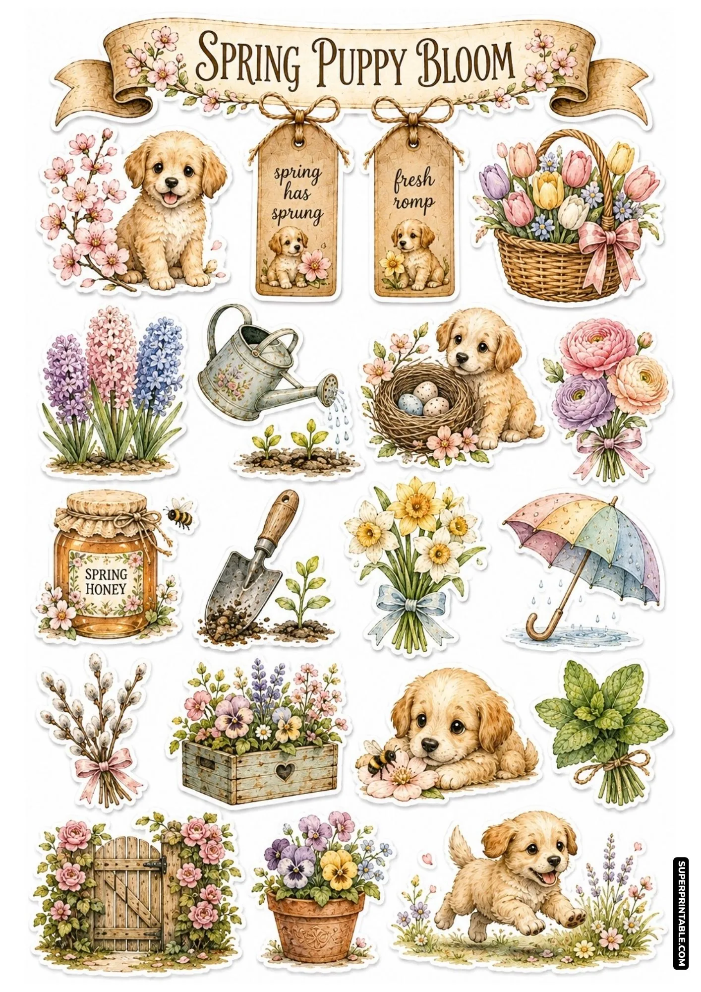 Fresh spring sticker sheet illustrating fluffy puppies beside tulip baskets, bird nests, and honey jars.