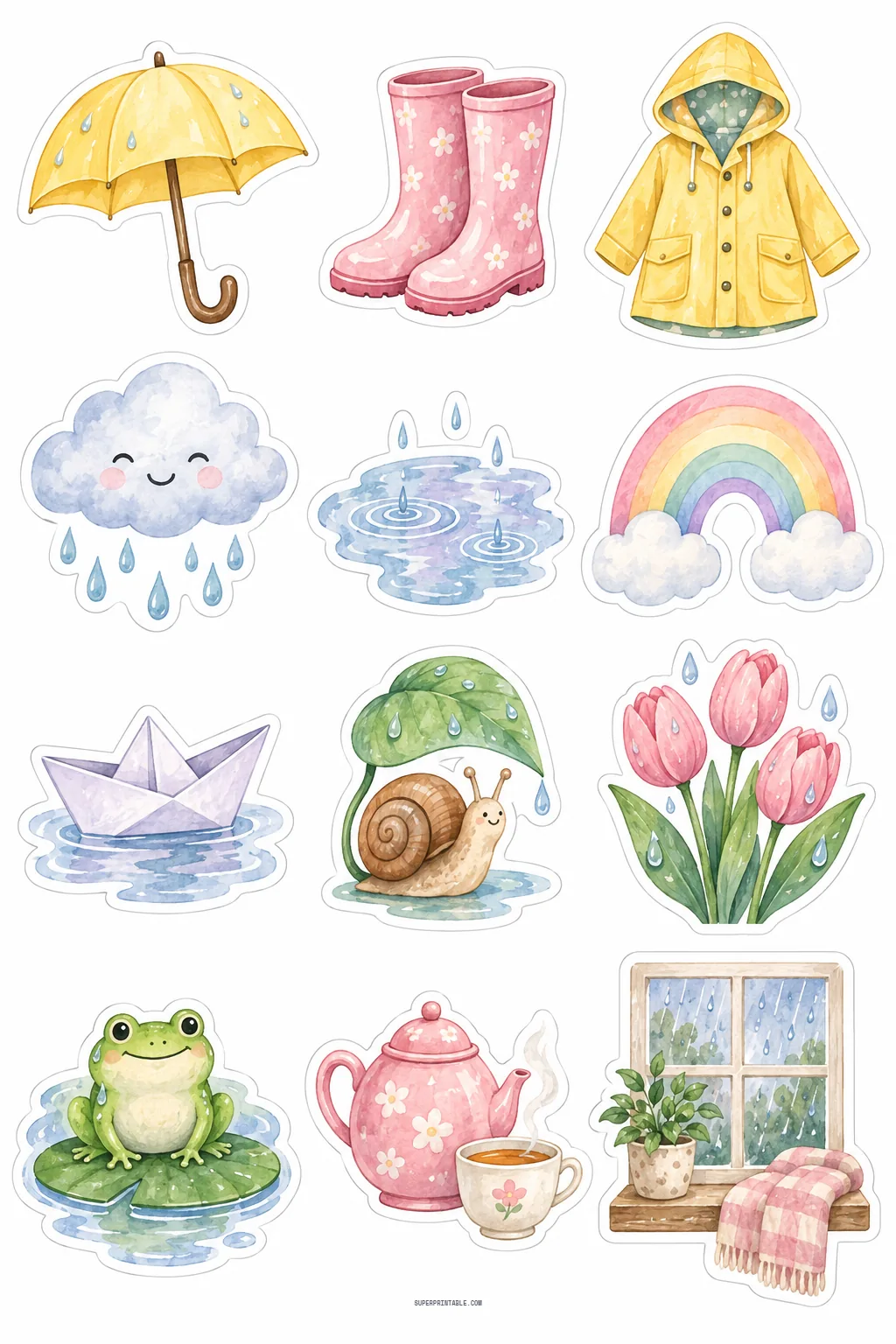 Cute spring rain shower stickers with yellow raincoat, smiling rain cloud, puddle, and pink daisy boots