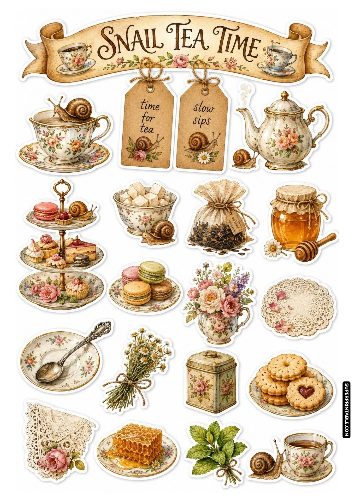 Spring bloom sticker sheet with cherry blossoms, hyacinths, bird nest eggs, and garden watering can.