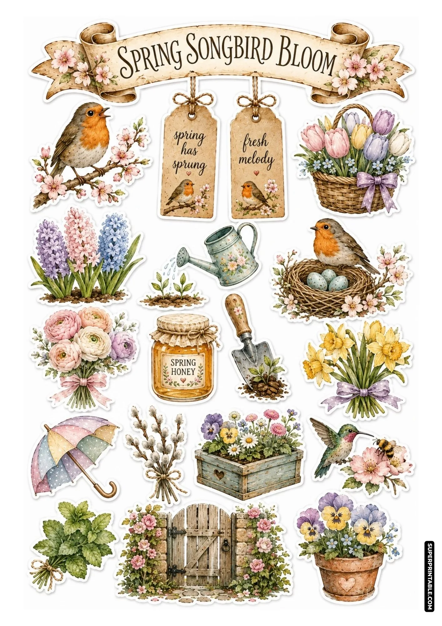 Spring bird stickers with nest eggs, pastel umbrellas, tulips, and blooming garden gates.