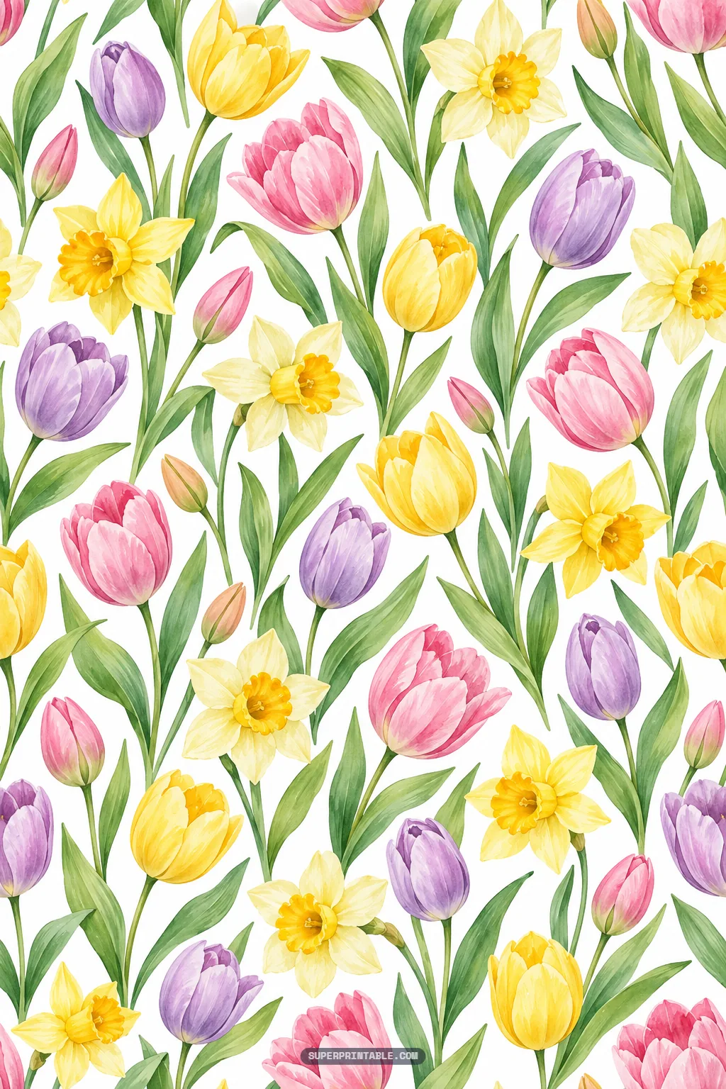 Lush watercolor floral arrangement of yellow daffodils and pink and purple tulips with fresh green leaves
