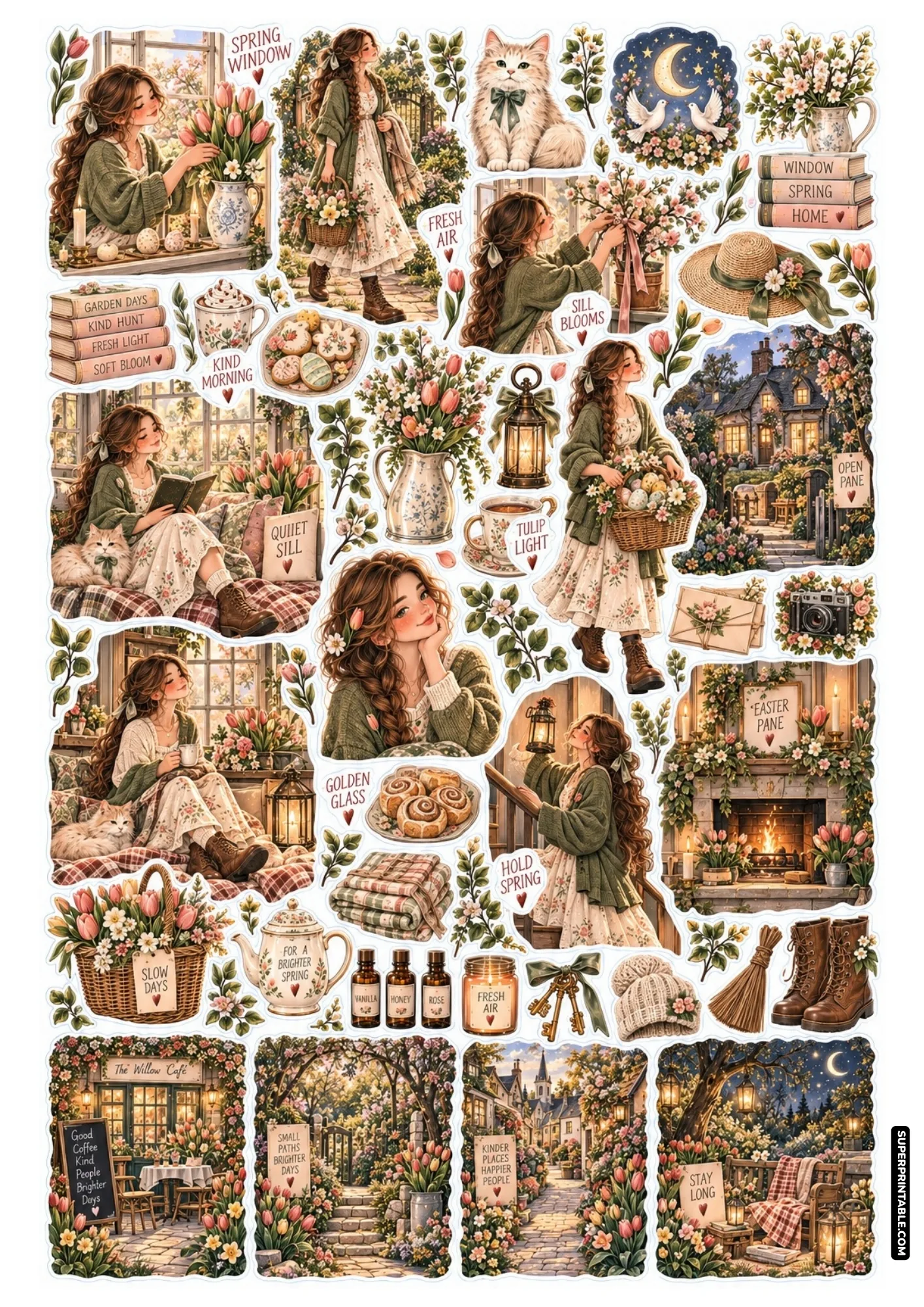 Cozy window sill sticker sheet featuring reading nooks, tulip vases, quiet cats, and fireplaces.