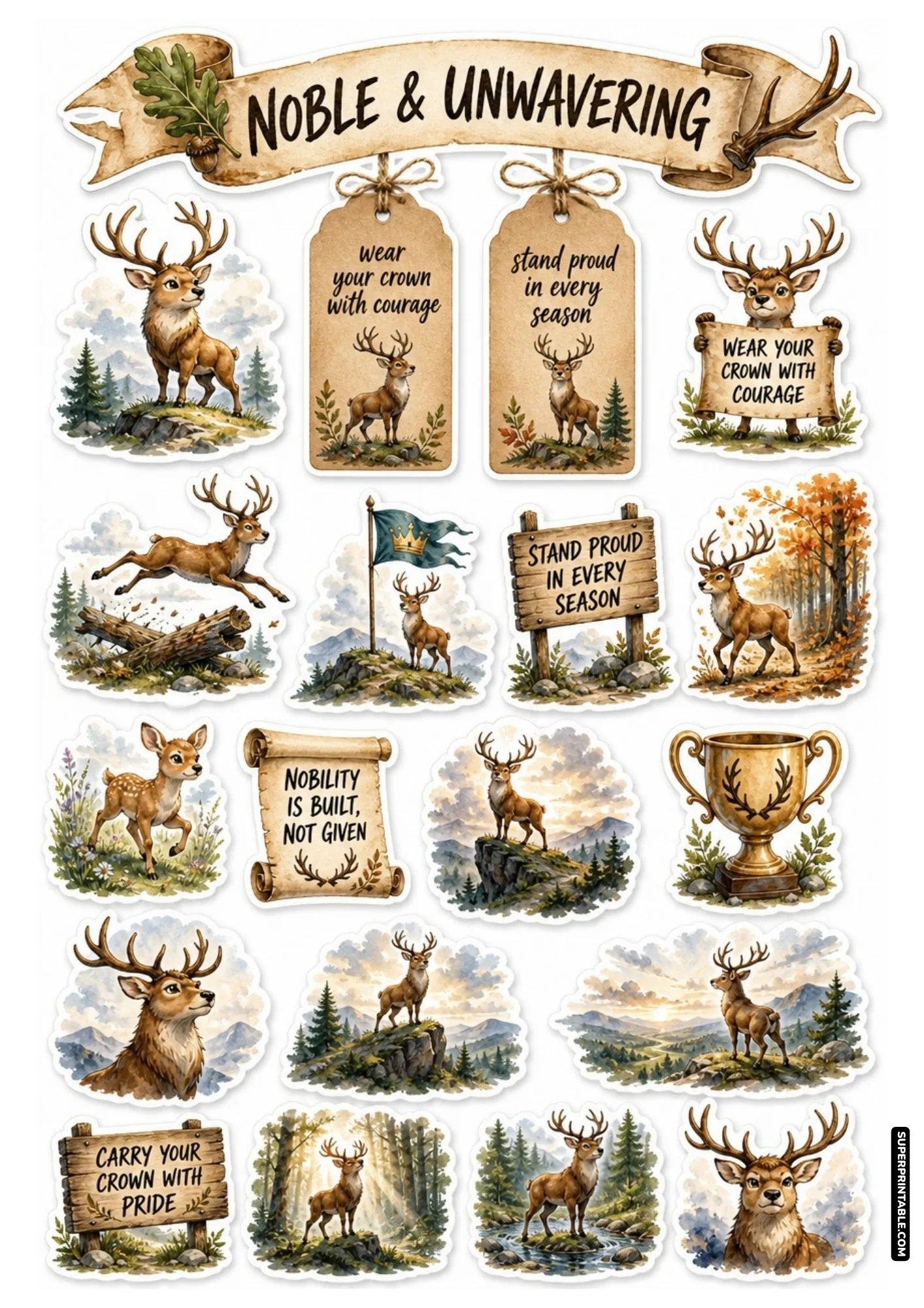 Majestic stag deer sticker sheet with noble woodland buck illustrations and golden antler motifs