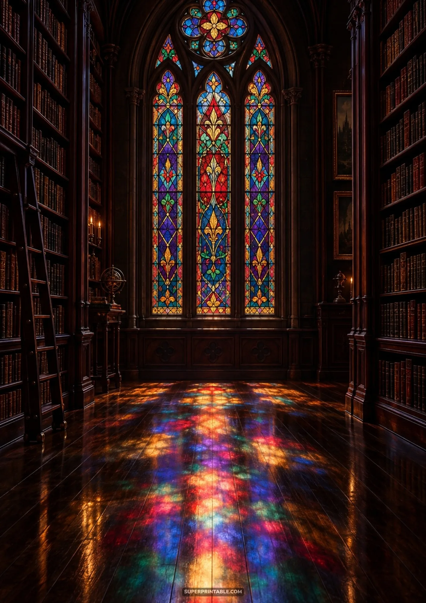 Gothic cathedral library illuminated by vibrant stained glass windows casting colorful light on floor
