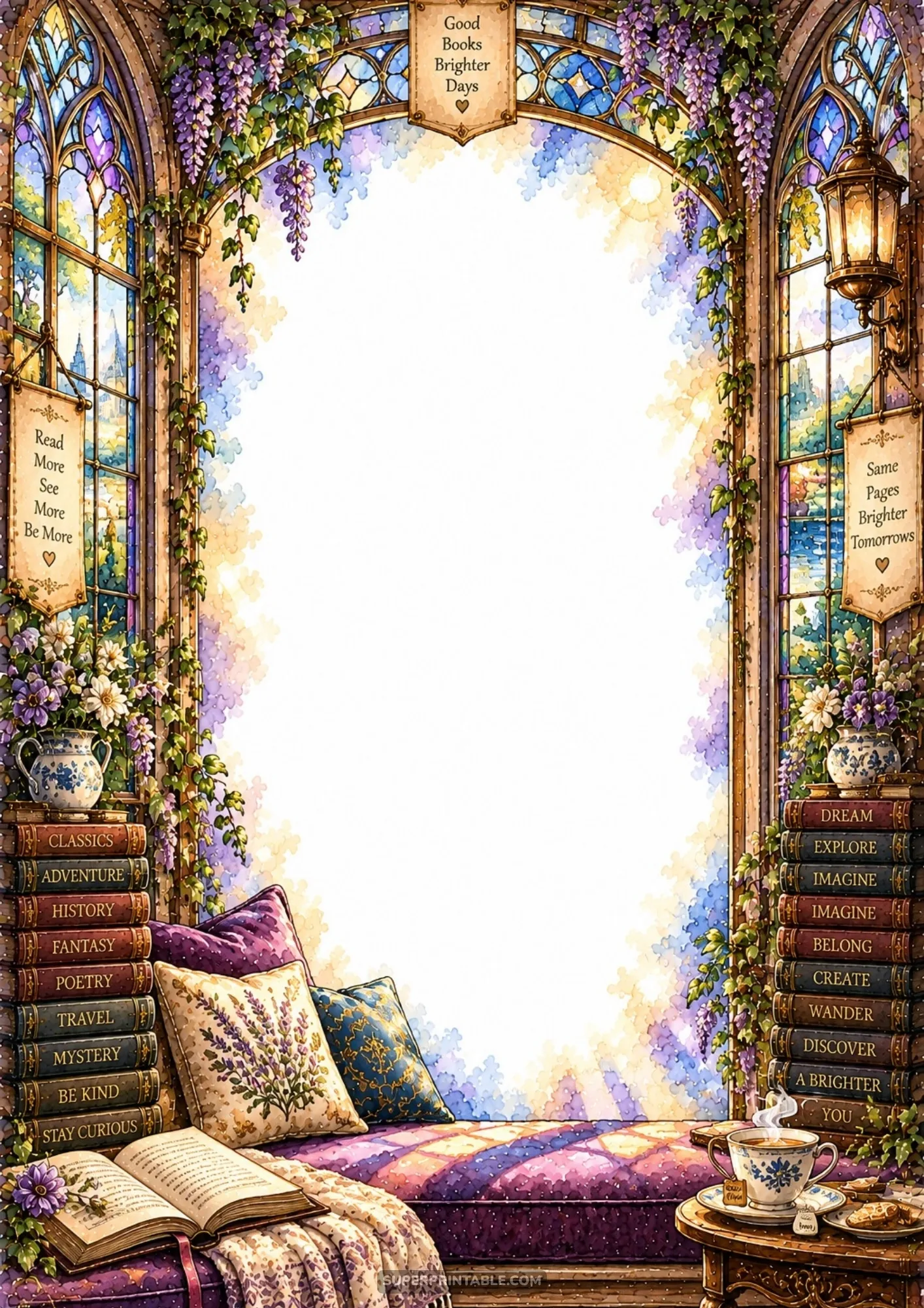 Sunlit stained glass bay window with cascading wisteria flowers, books, and cozy window seat.