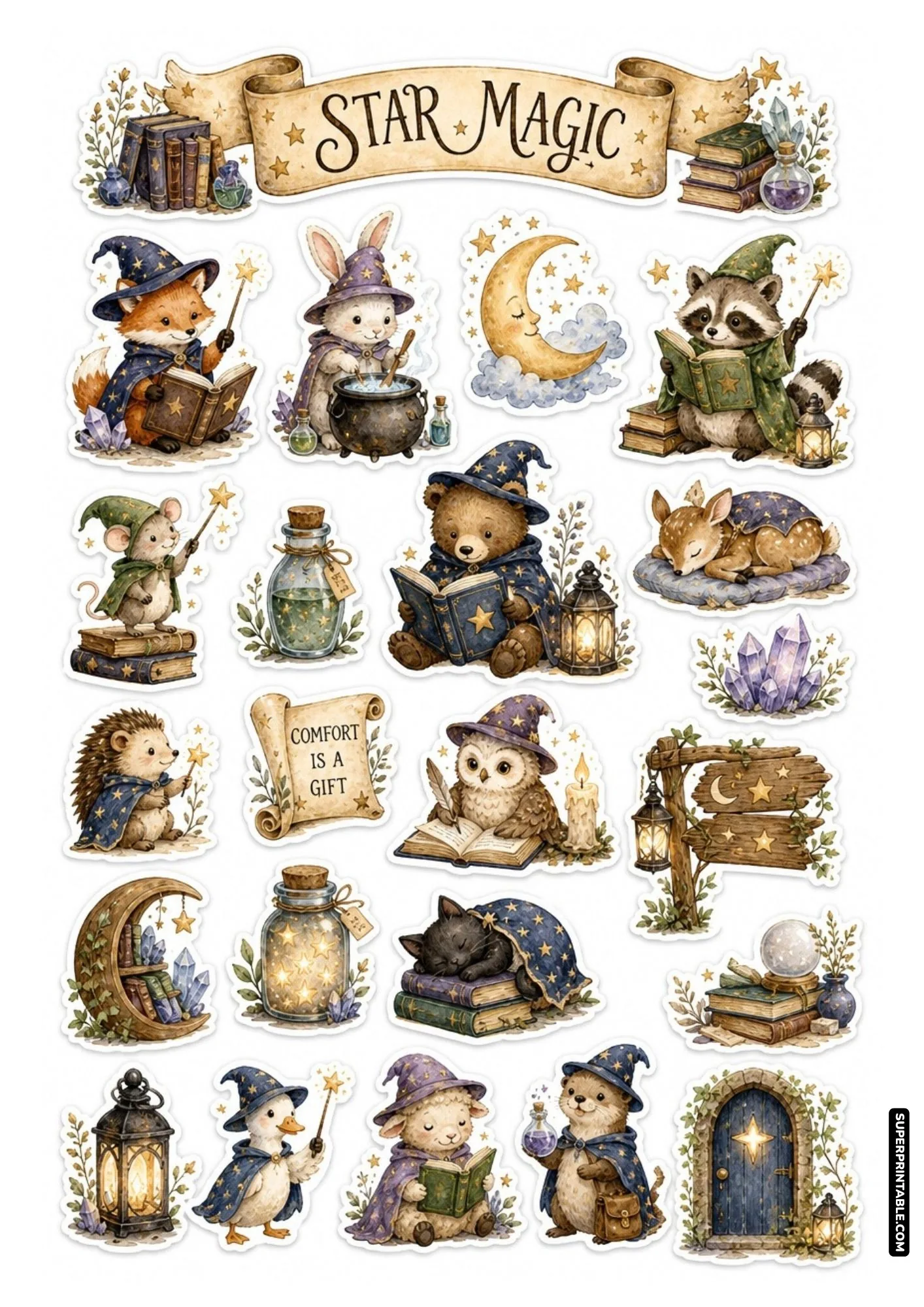 Little wizard sticker sheets with starry animal spellcasters, crescent moons, crystal clusters, and cozy lanterns.