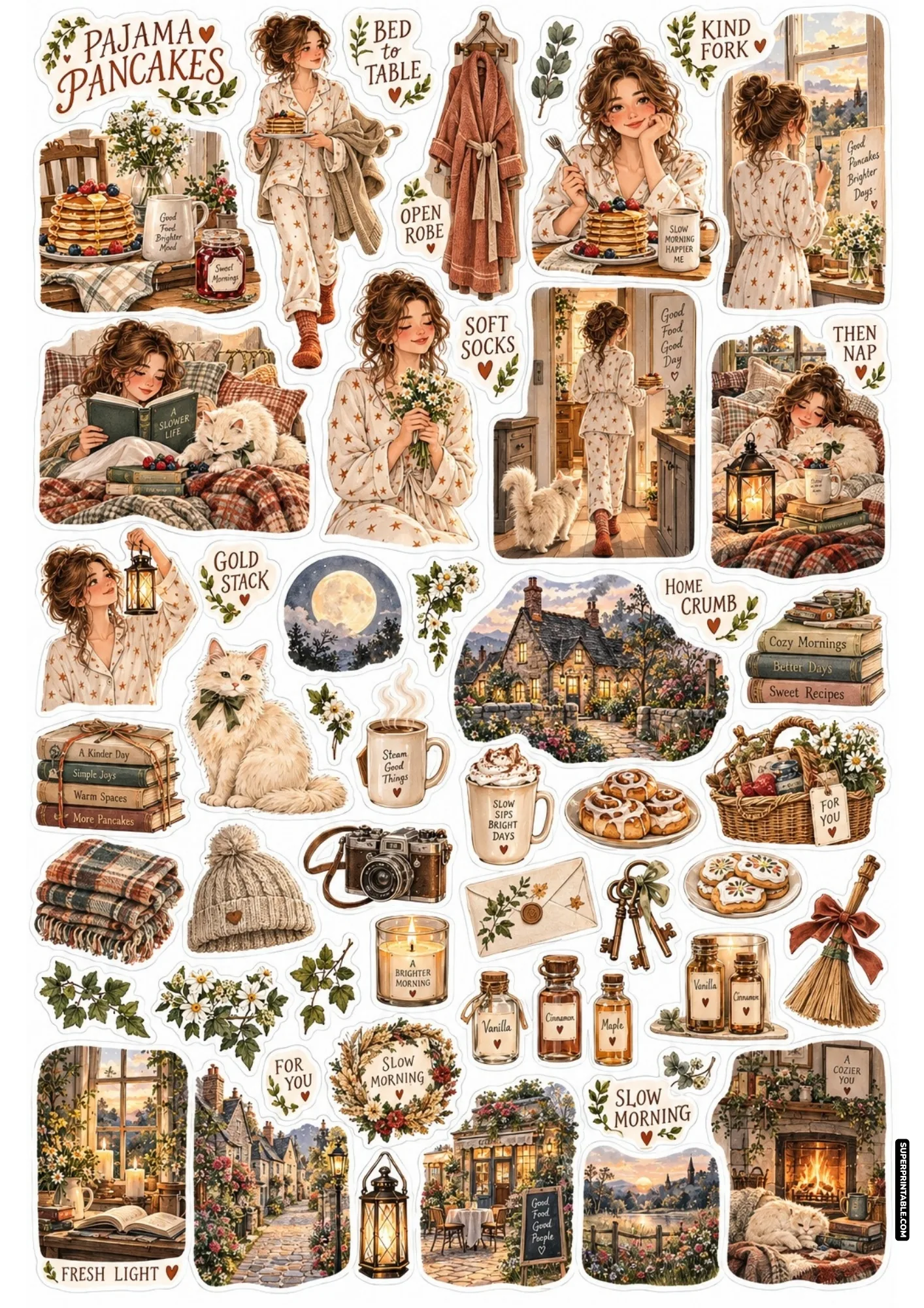 Cute pajama stickers featuring star-print loungewear, fluffy kittens, bedtime reading, and delicious breakfast pancakes