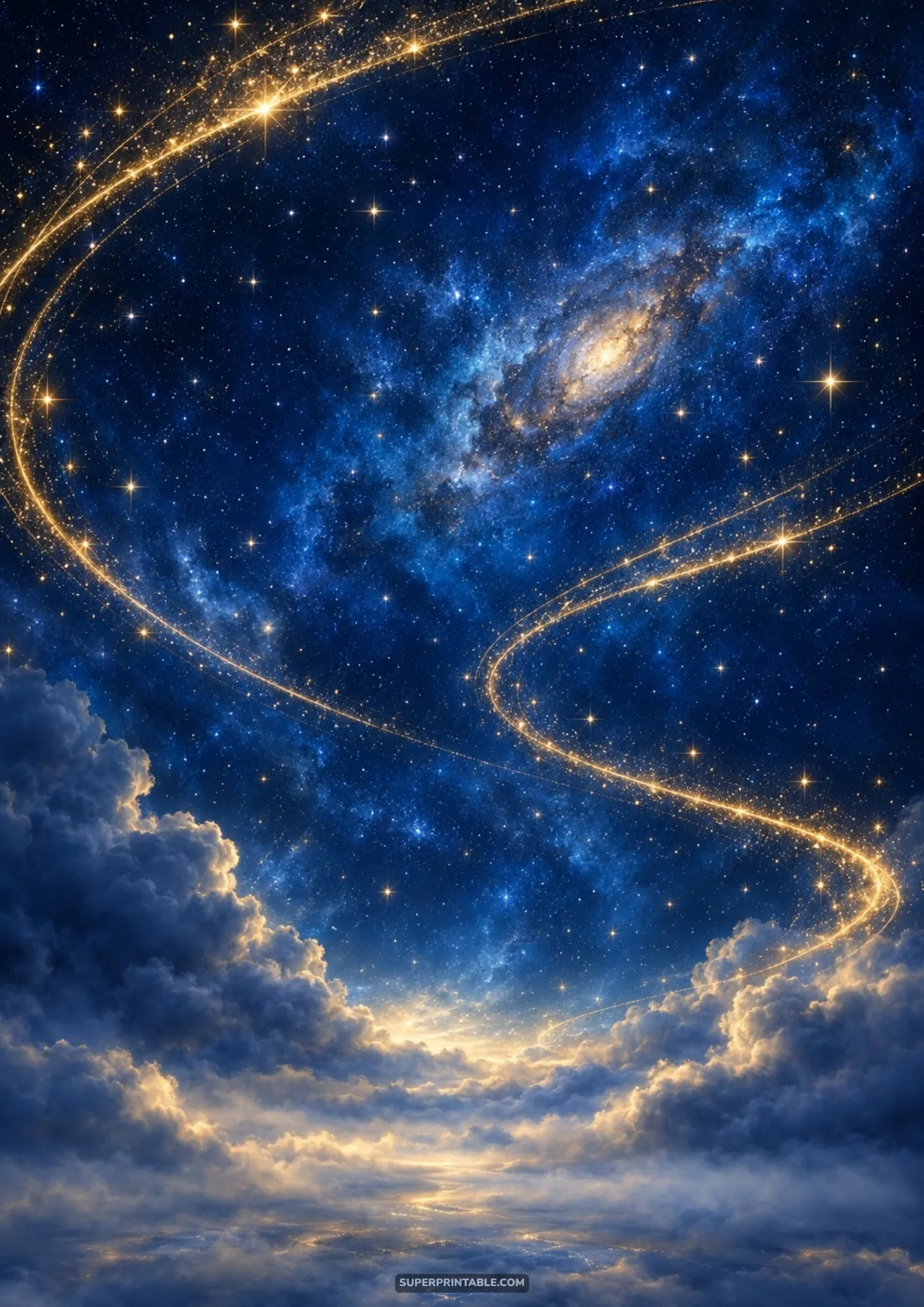 Sparkling golden stardust stream curving over dreamy illuminated night clouds beneath a distant galaxy