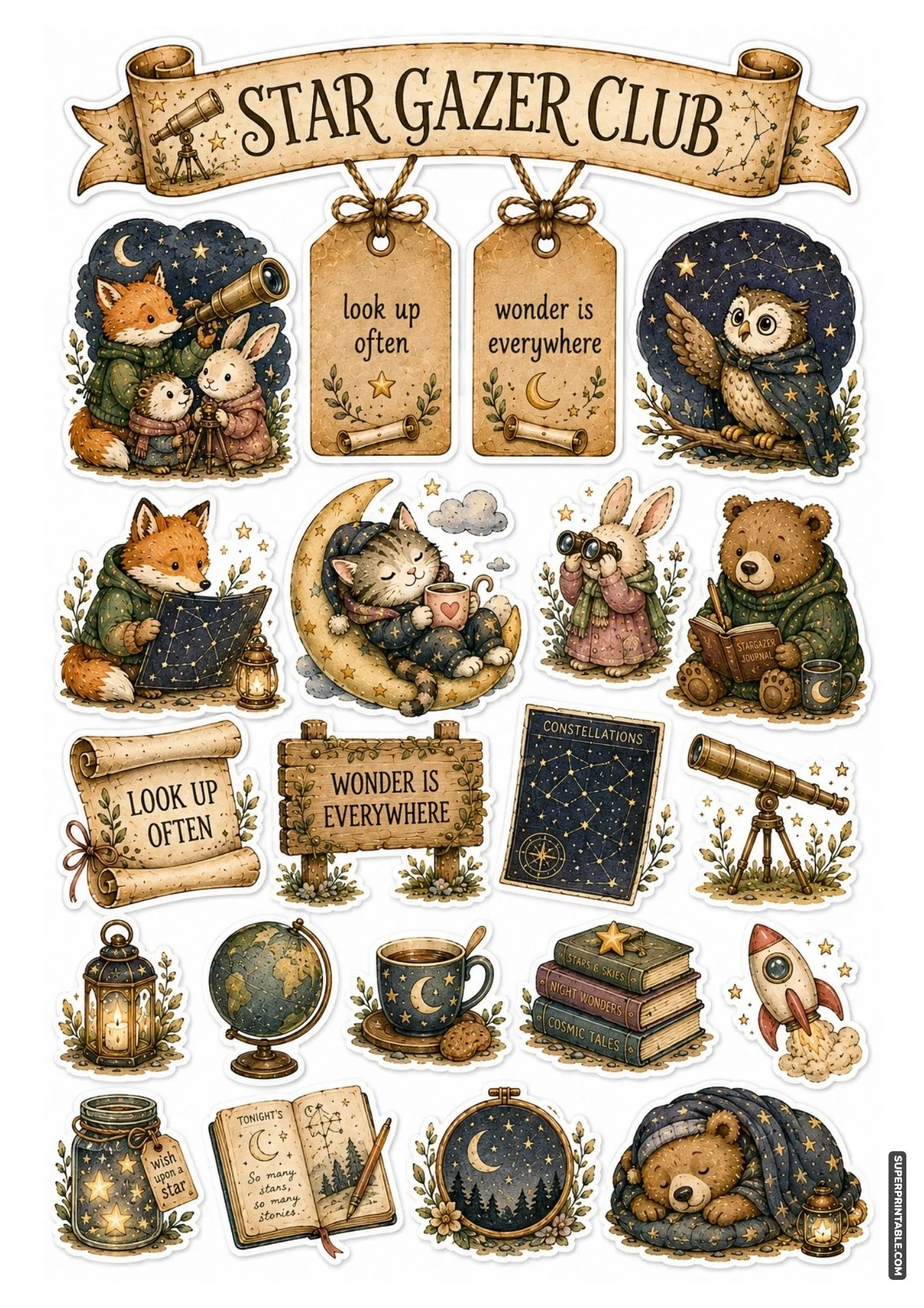 Stargazer club sticker sheet with animals looking through telescopes and sleeping on crescent moons.