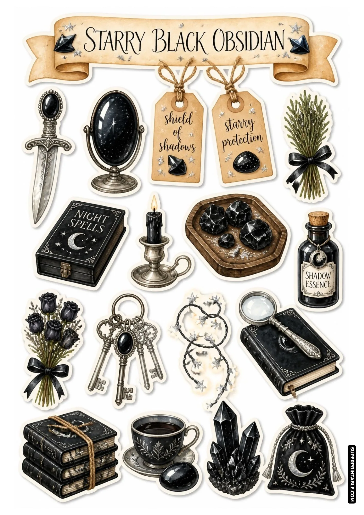 Dark black obsidian crystals, antique dagger, spellbook, and black candle on a printable sticker sheet.