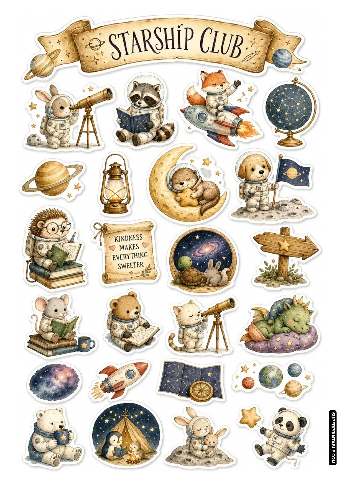 Printable stickers of animal astronauts riding rockets and a sleepy green dragon on cosmic pillows.